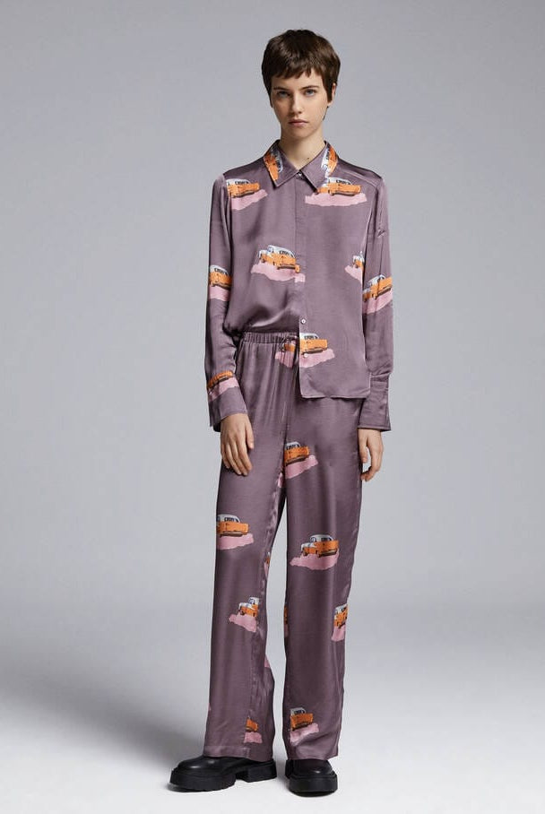 بارفوا بنطلون نسائي مطبوع بخصر عالي بني