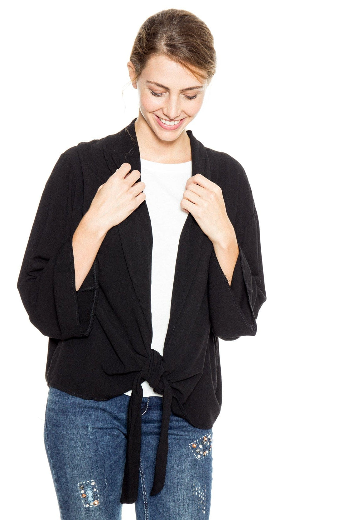 شانا جاكيت سادة بربطة أمامية كم طويل أسود