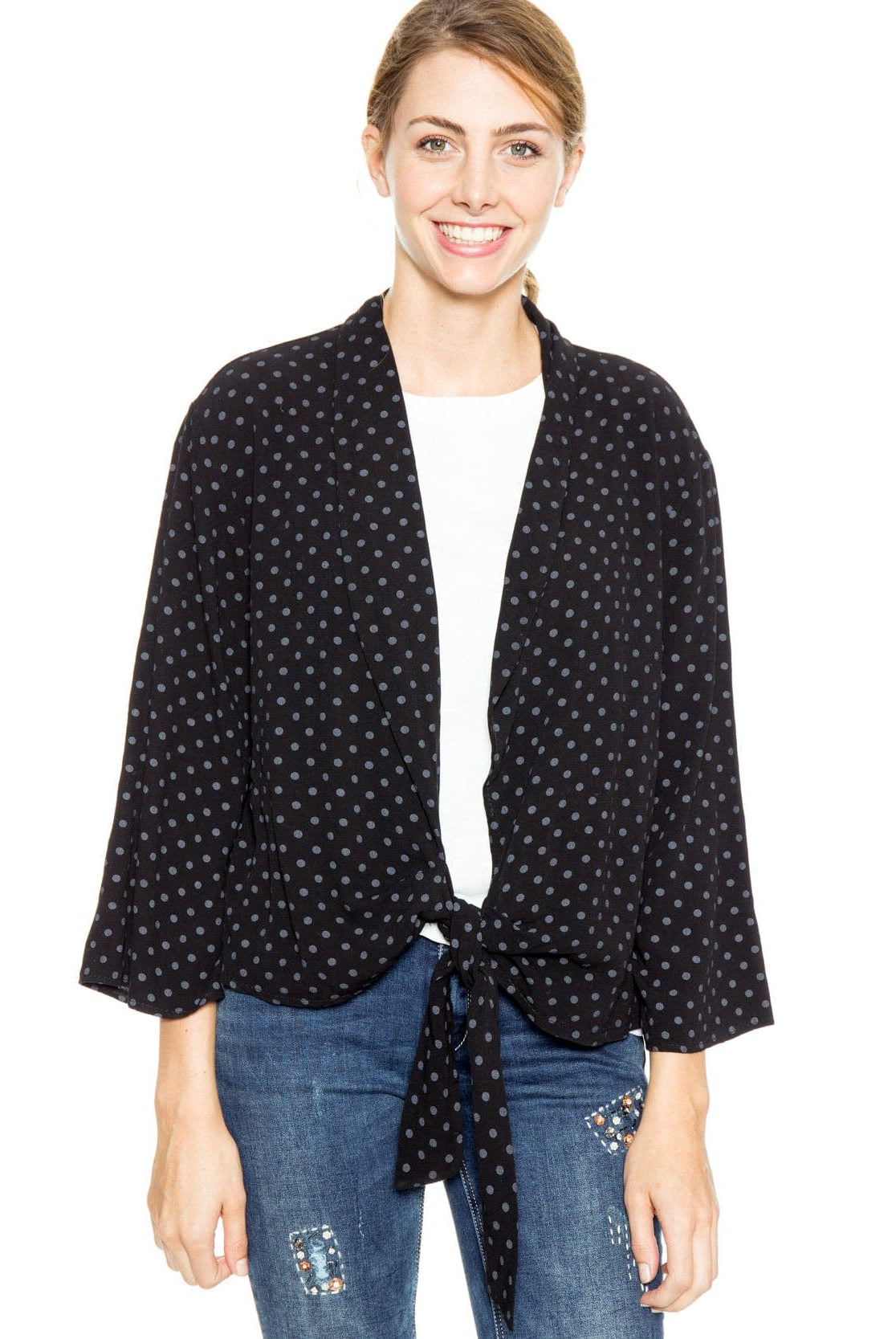 شانا جاكيت منقط كم طويل برباط أمامي أسود