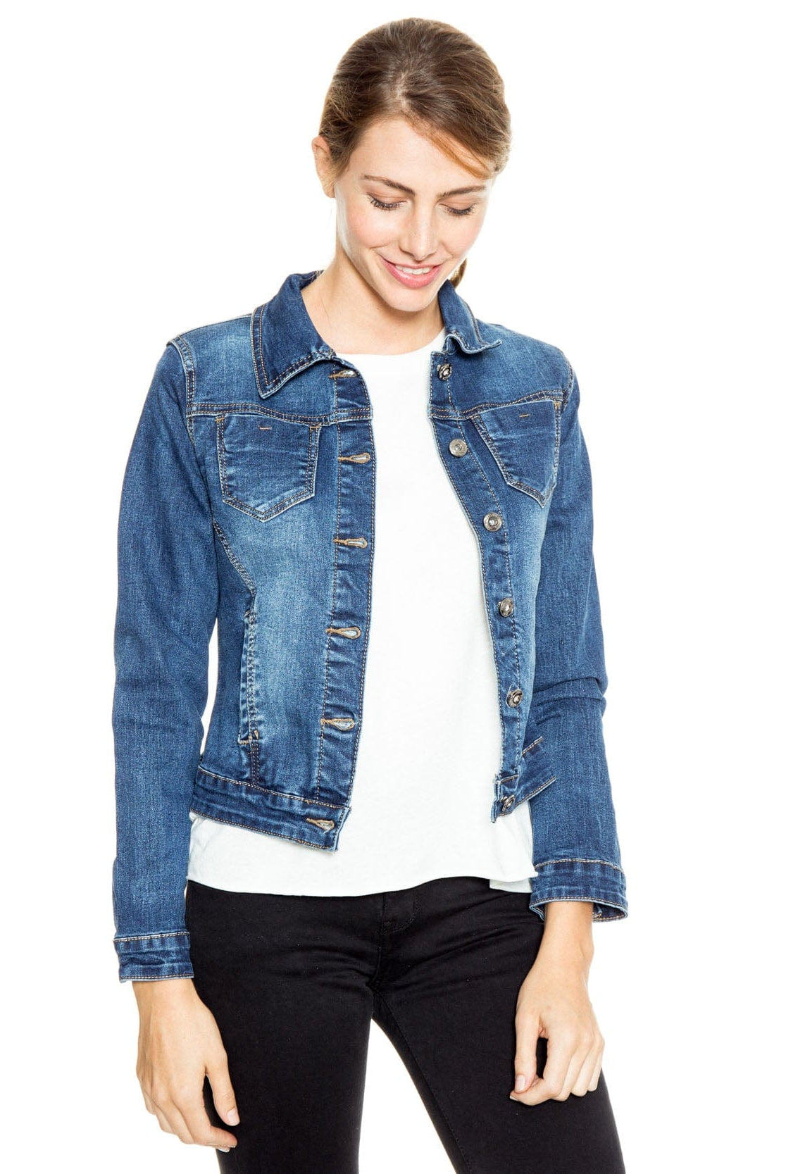 شانا جاكيت جينز بأزرار أمامية كم طويل وردي