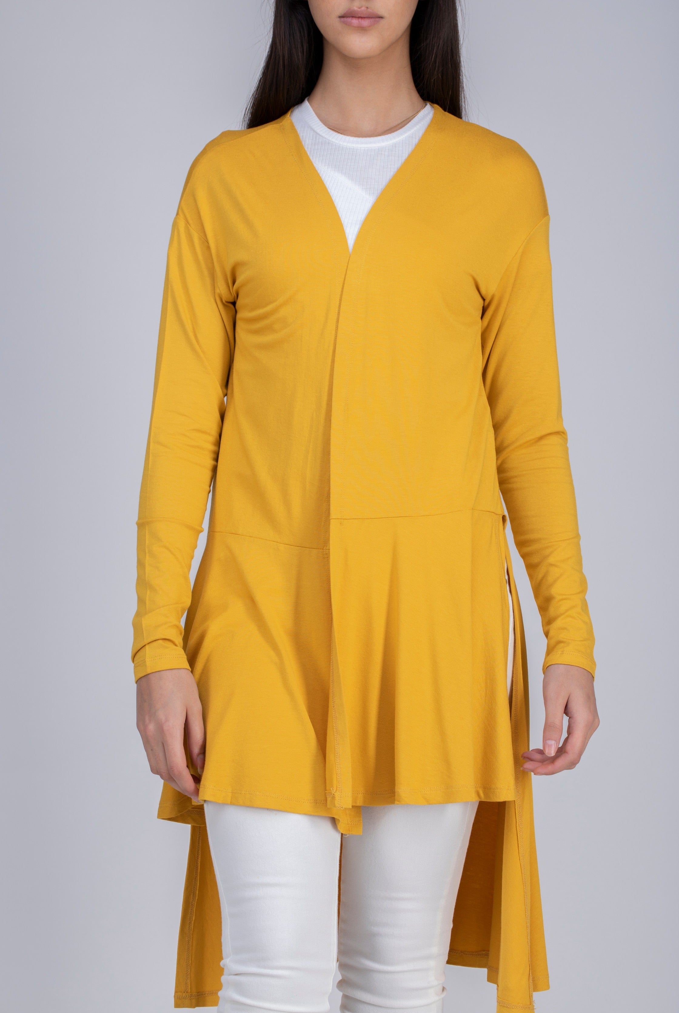 ميكا كارديجان سادة قصير من الأمام طويل من الخلف كم طويل