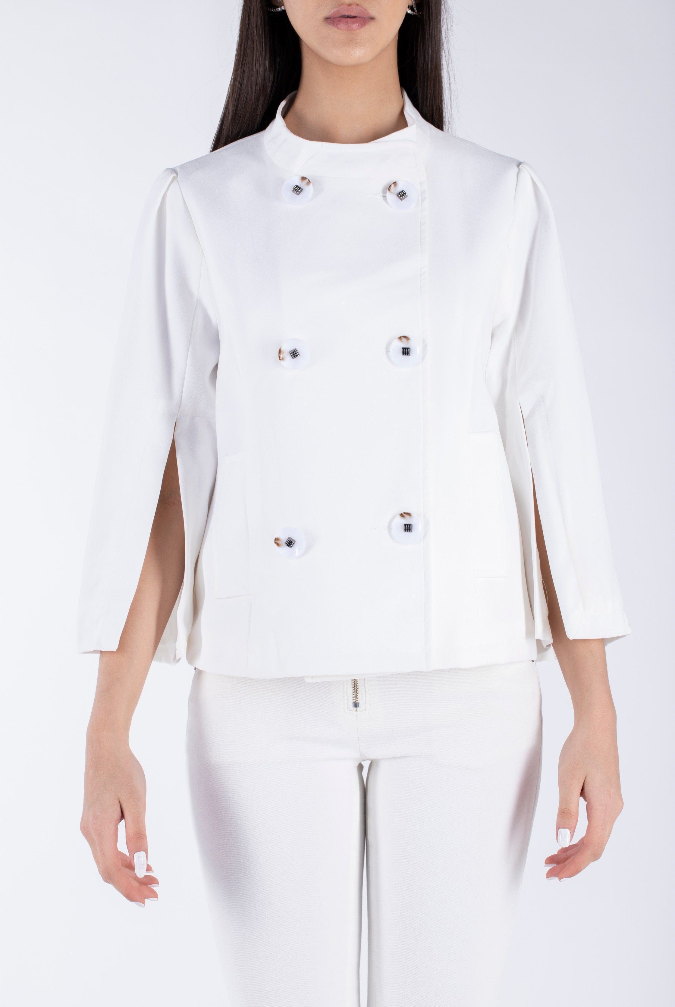 نتشي جاكيت نسائي رسمي سادة مفتوح من الأكمام وازرار أمامية 3/4 كم