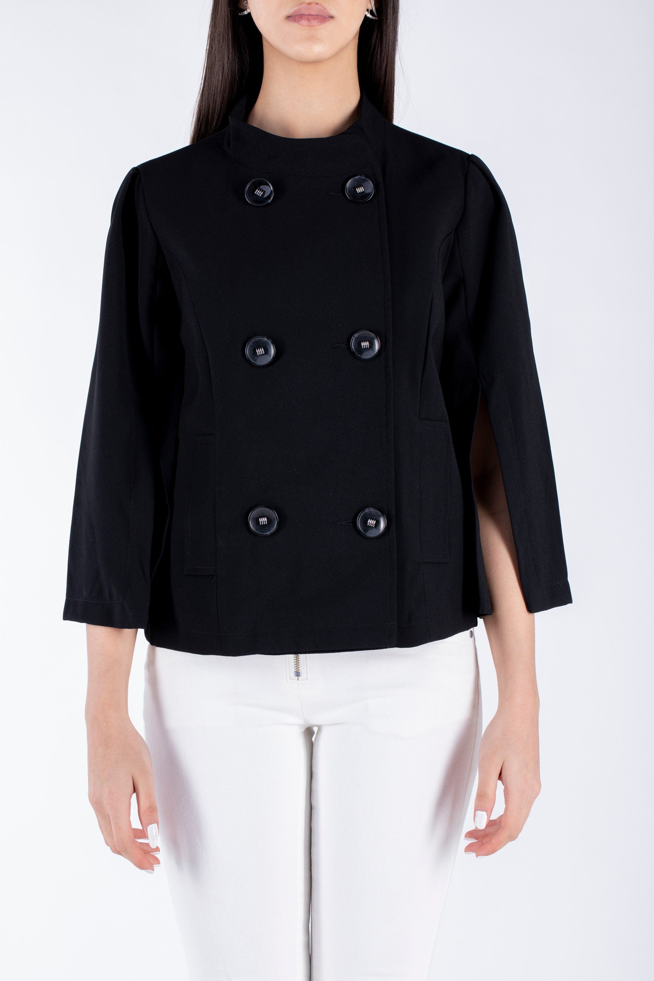 نتشي جاكيت نسائي رسمي سادة مفتوح من الأكمام وازرار أمامية 3/4 كم