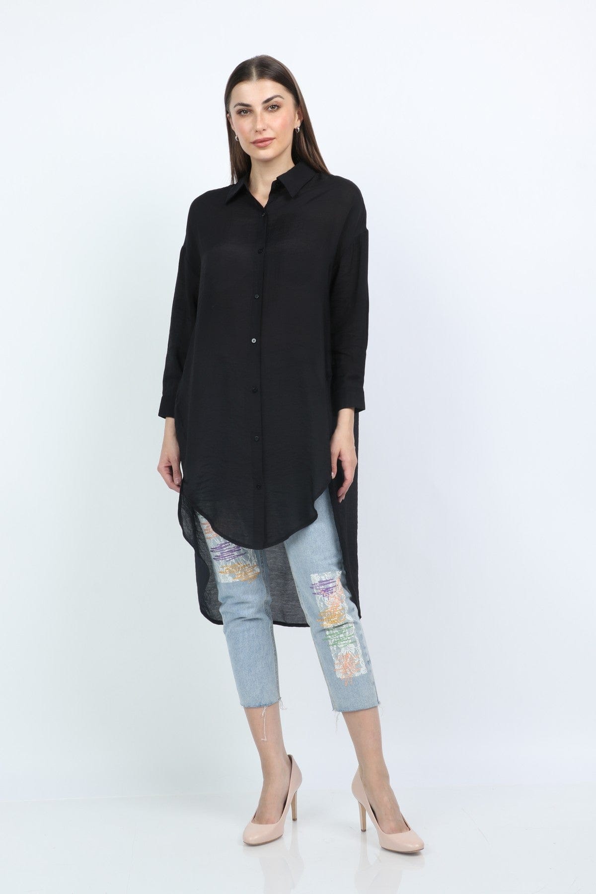 كيتشن فستان تصميم قميص نسائي طويل سادة