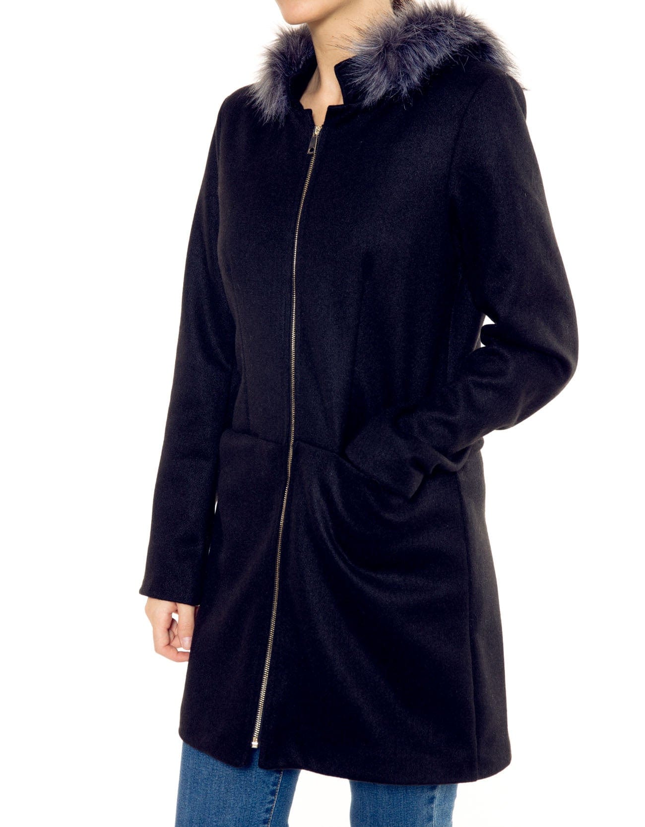 شانا جاكيت نسائي طويل مزين بفرو أسود