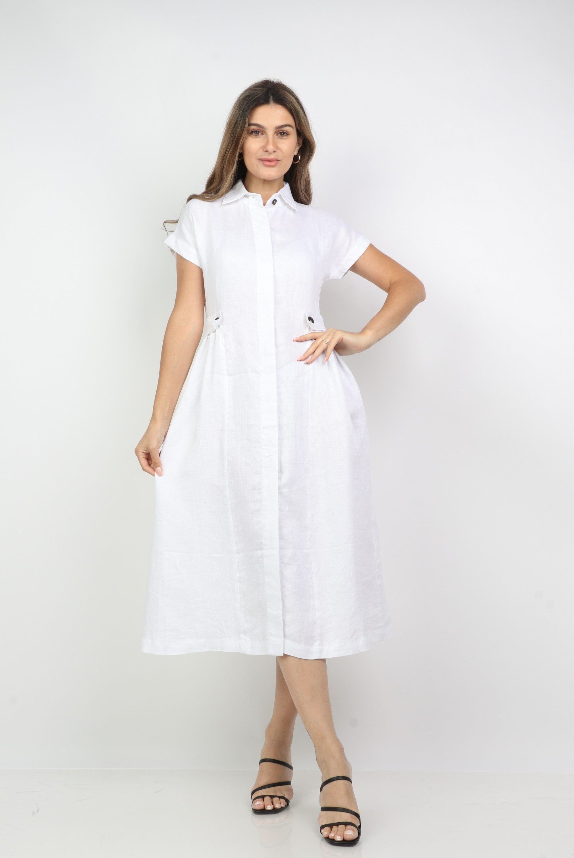 داليدرس فستان ميدي بنمط قميص سادة مخصر كم قصير