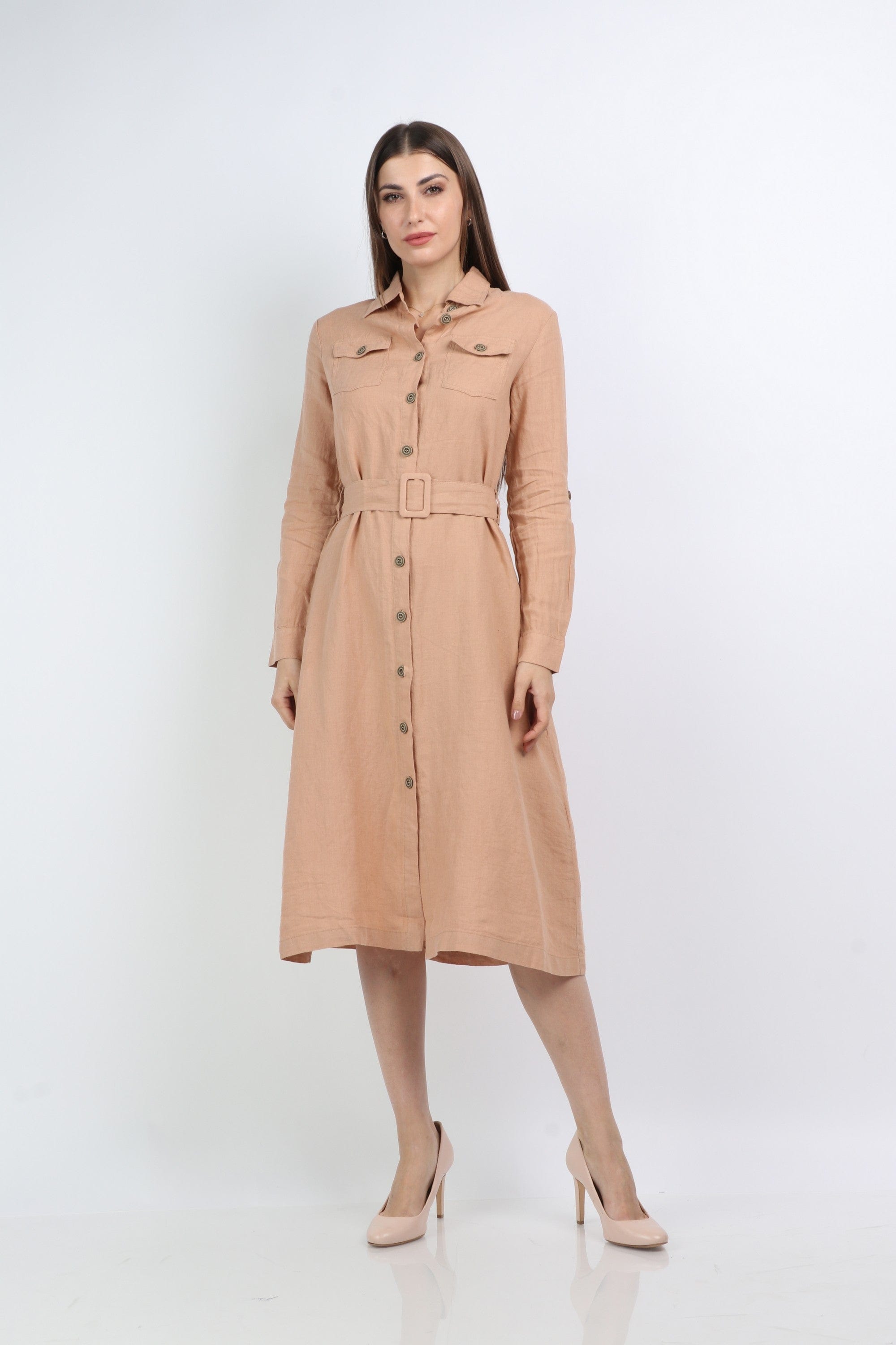 داليدرس فستان ميدي سادة بأزرار أمامية 3/4 كم نسائي لوز