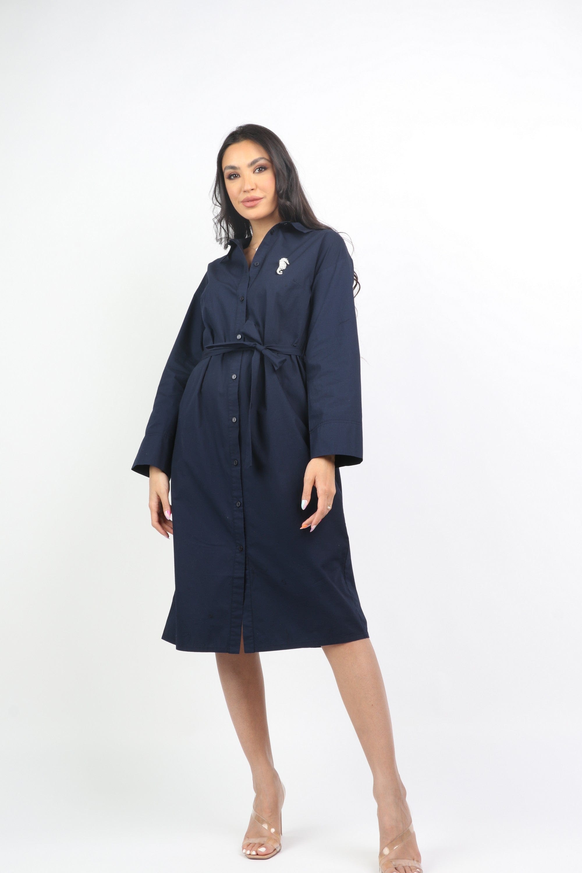 داليدرس فستان قميص قصير بأزرار أمامية وحزام خصر كم طويل أزرق غامق