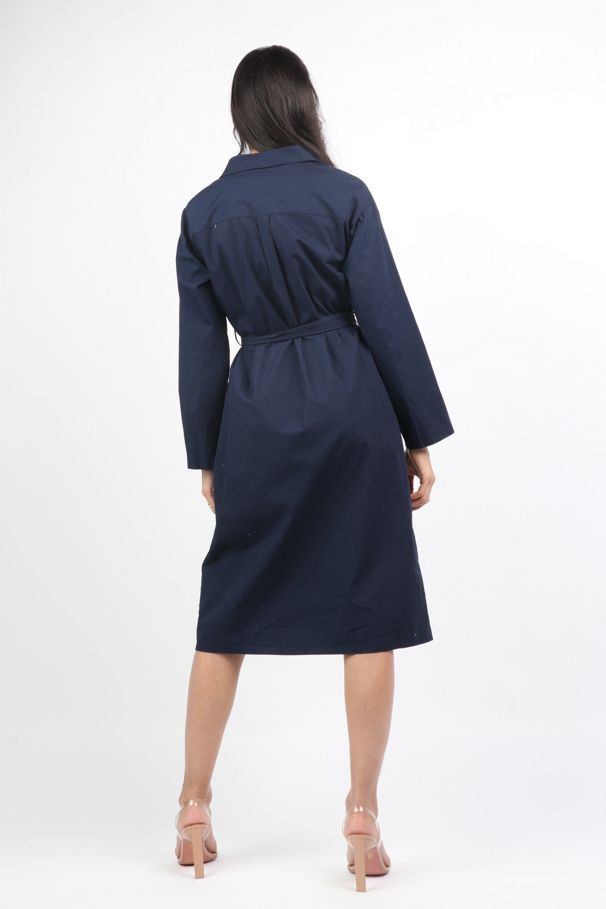 داليدرس فستان قميص قصير بأزرار أمامية وحزام خصر كم طويل أزرق غامق