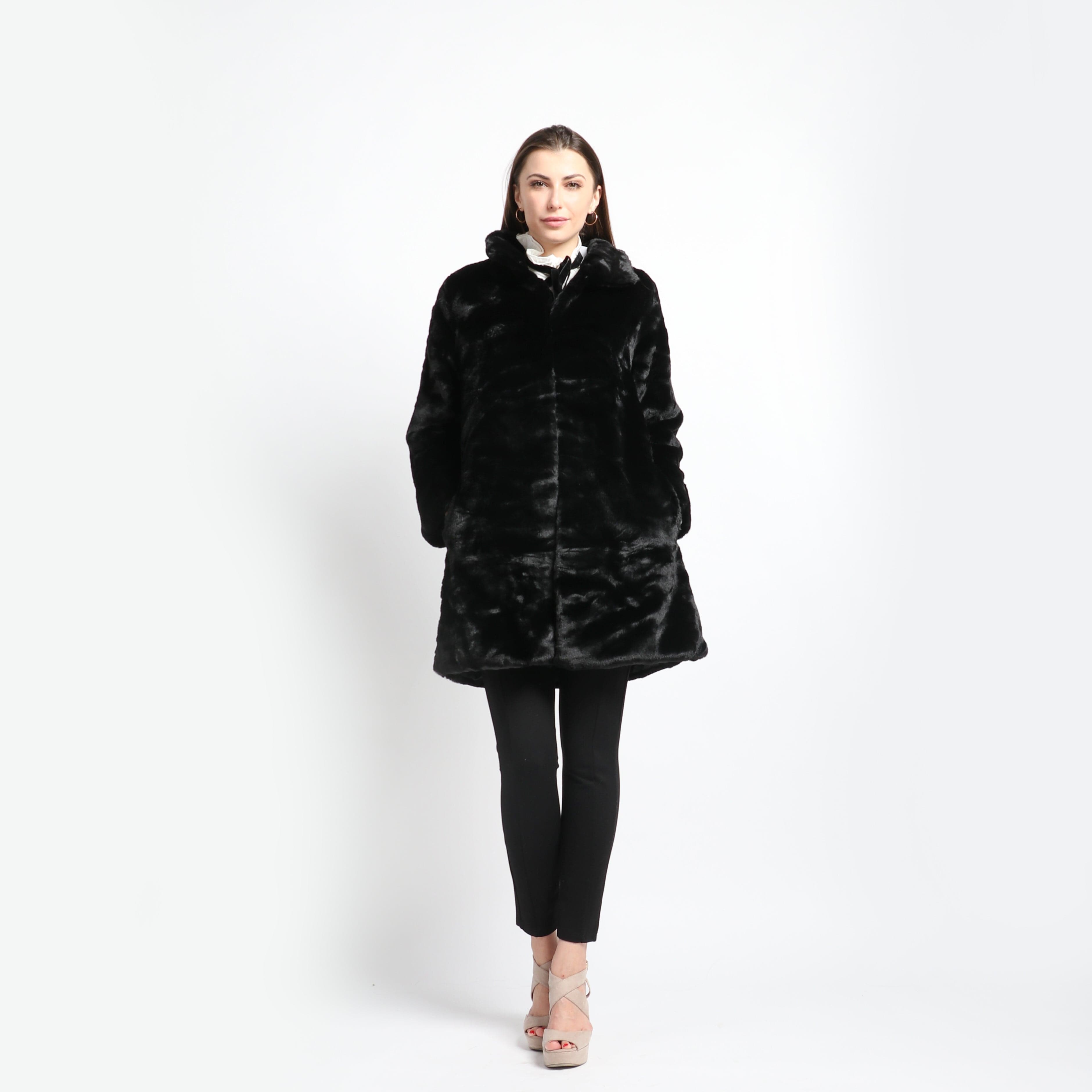 داليدرس جاكيت فرو طويل كم طويل نسائي أسود