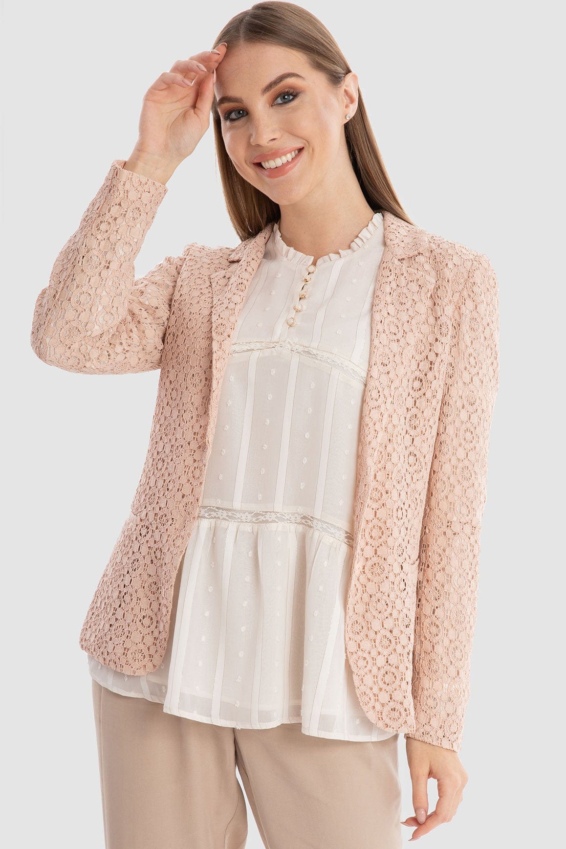 داليدرس جاكيت نسائي قصير دانتيل كم طويل نسائي وردي