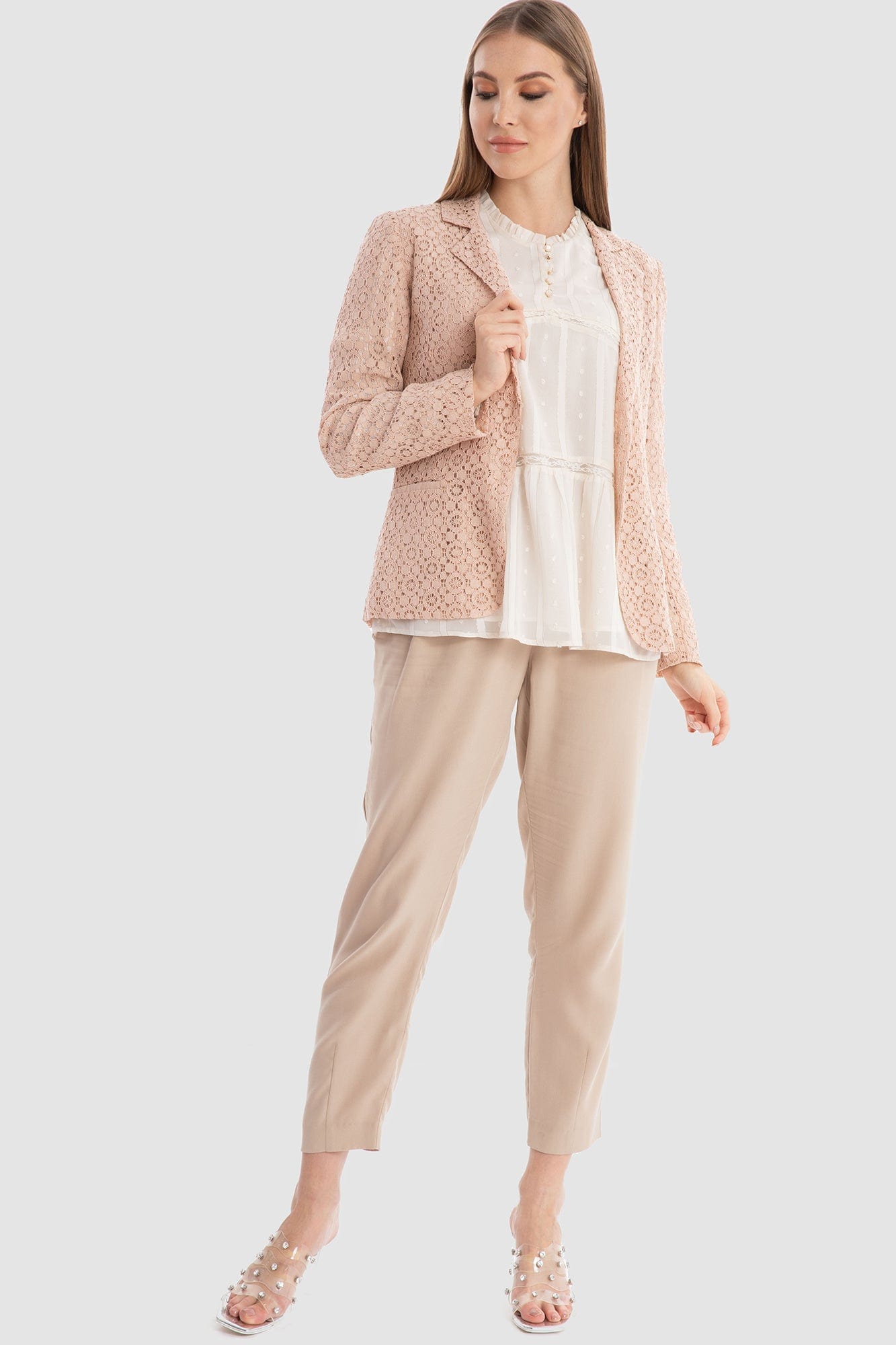 داليدرس جاكيت نسائي قصير دانتيل كم طويل نسائي وردي