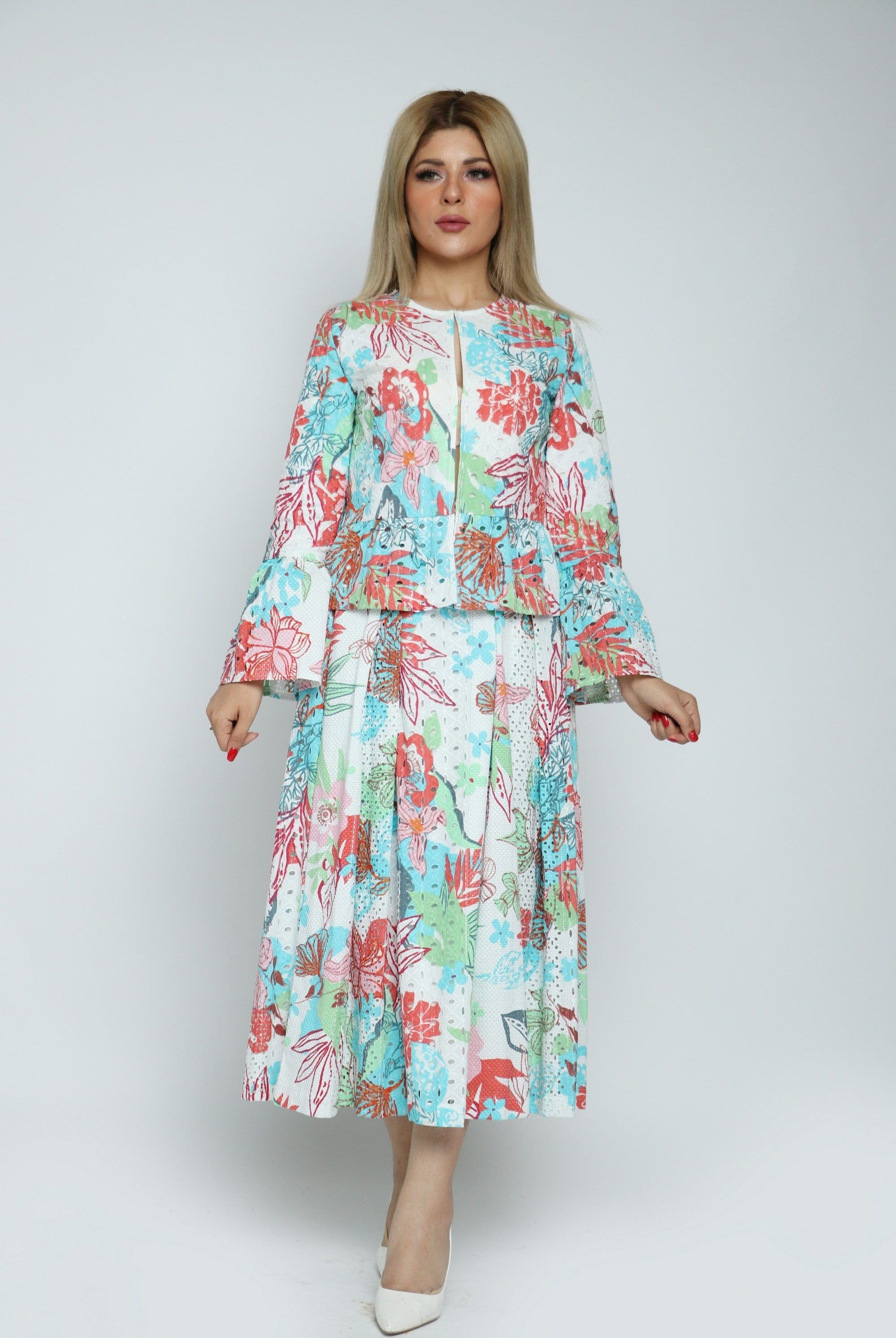 داليدرس جاكيت منقوش بنقشة ورود كم طويل نسائي متعدد الألوان