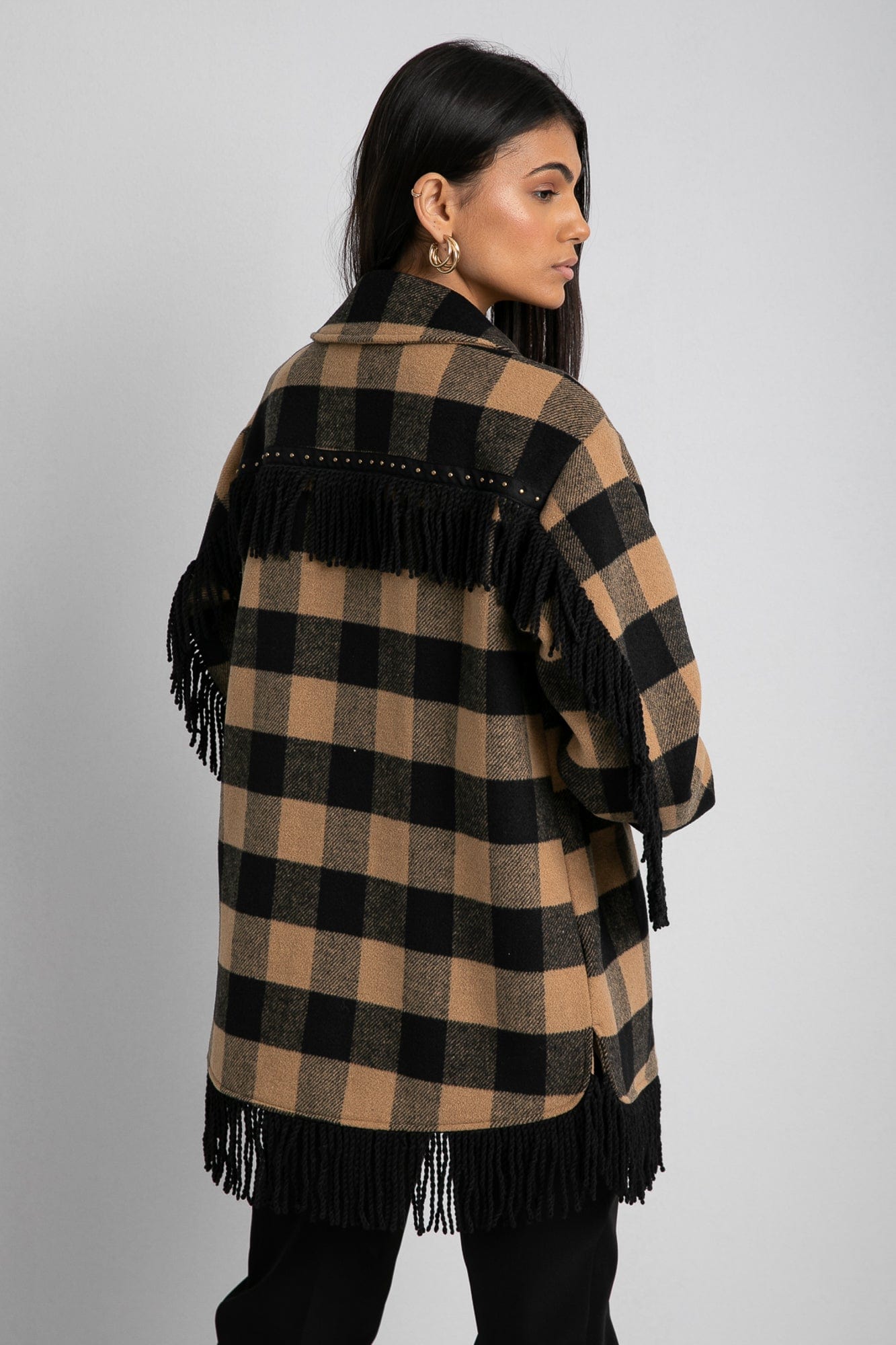 داليدرس جاكيت واسع طويل كم طويل بنمط مربعات نسائي جملي