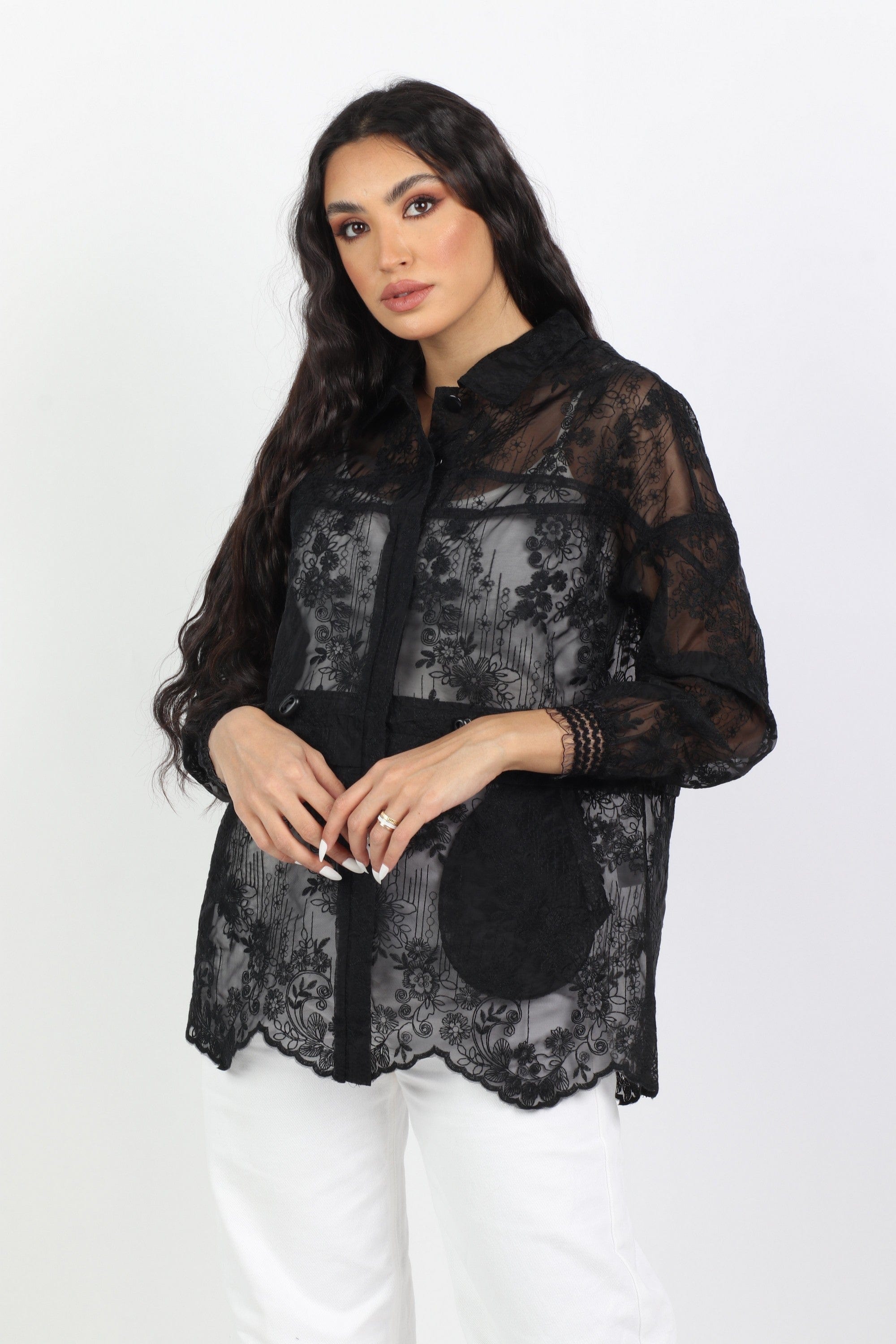 داليدرس جاكيت دانتيل بأزرار وحزام على الخصر كم طويل نسائي