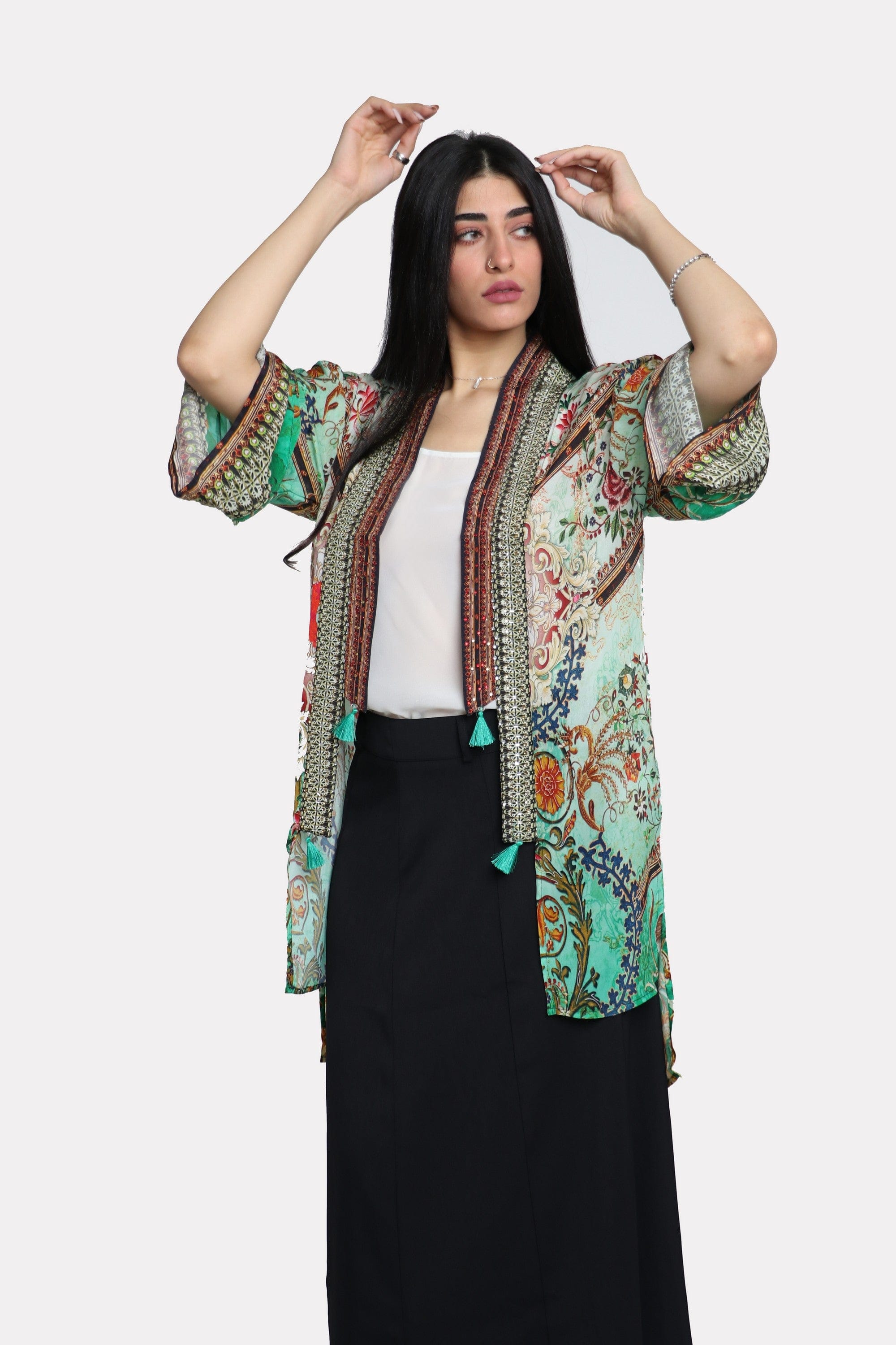 داليدرس كيمونو منقوش 3/4 كم مفتوح مزين بالخيوط نسائي أخضر/أبيض