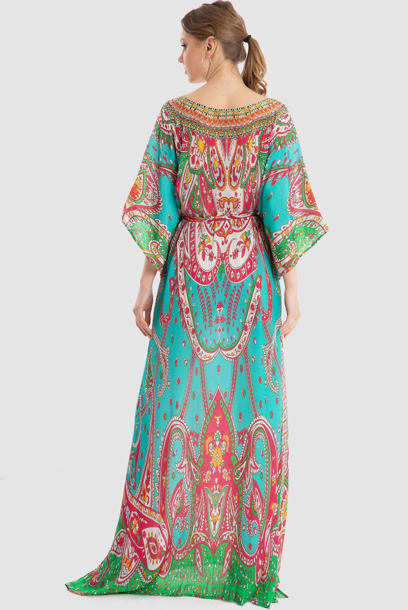 داليدرس قفطان منقوش واسع 3/4 كم برباط نسائي أكوا/برتقالي