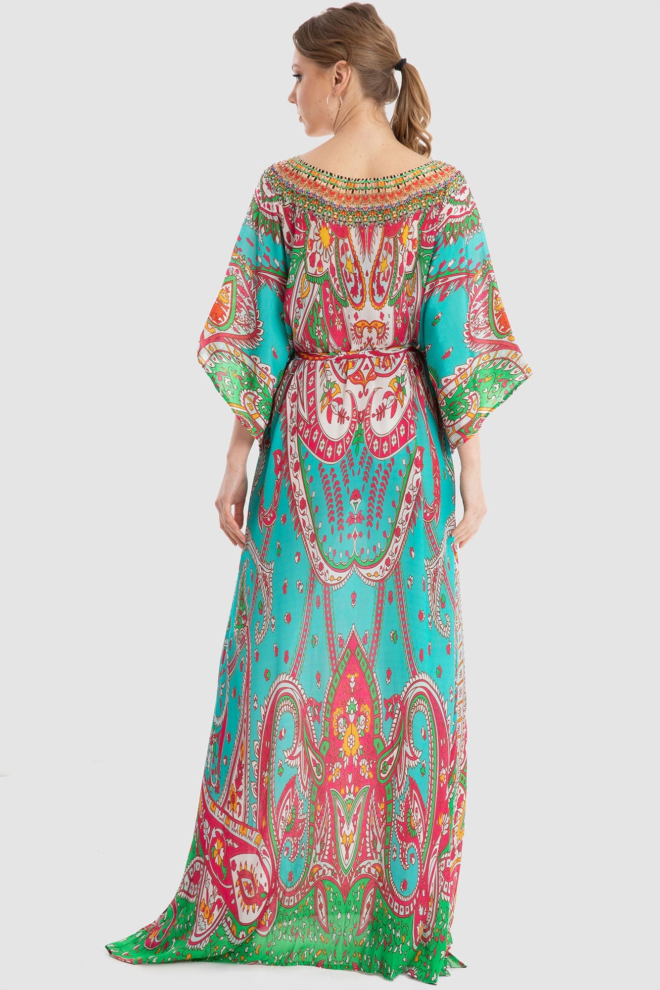 داليدرس قفطان منقوش واسع 3/4 كم برباط نسائي أكوا/برتقالي