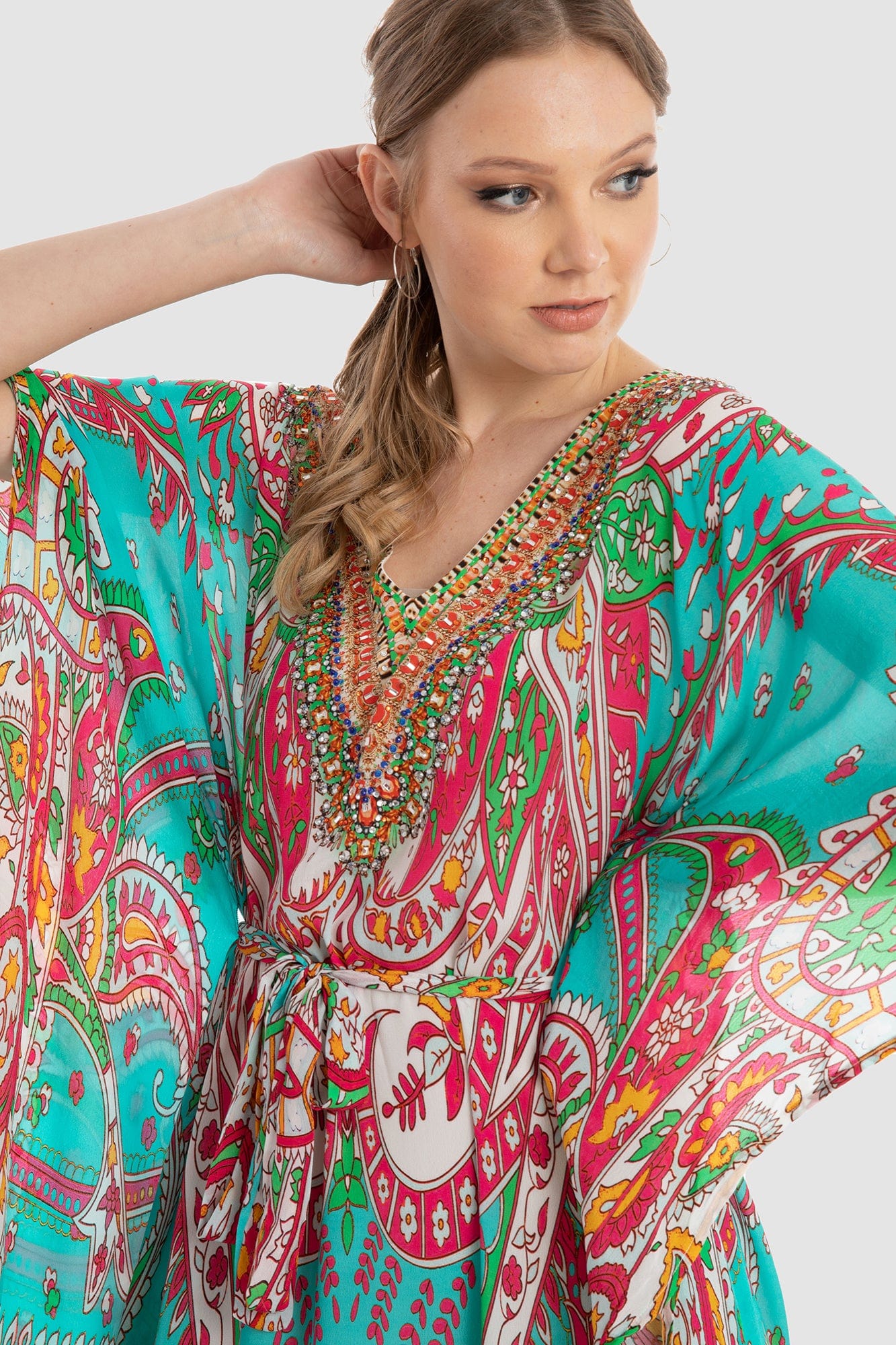 داليدرس قفطان منقوش واسع 3/4 كم برباط نسائي أكوا/برتقالي