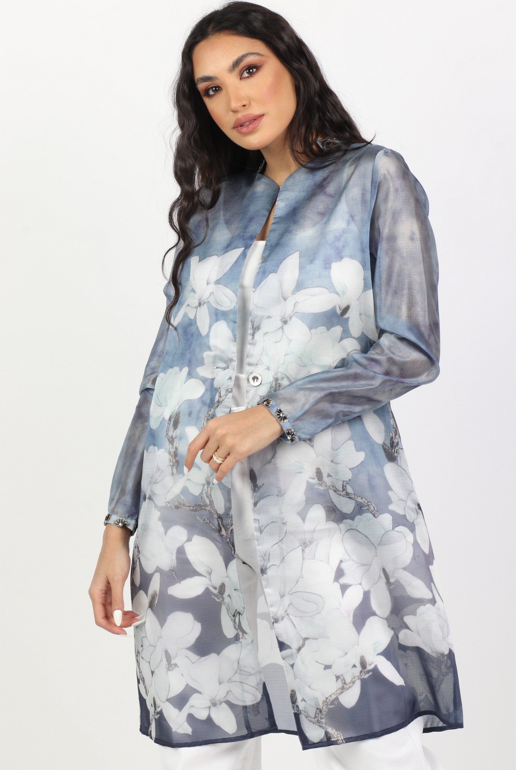 داليدرس فستان قصير ناعم مشجر كم طويل أزرق