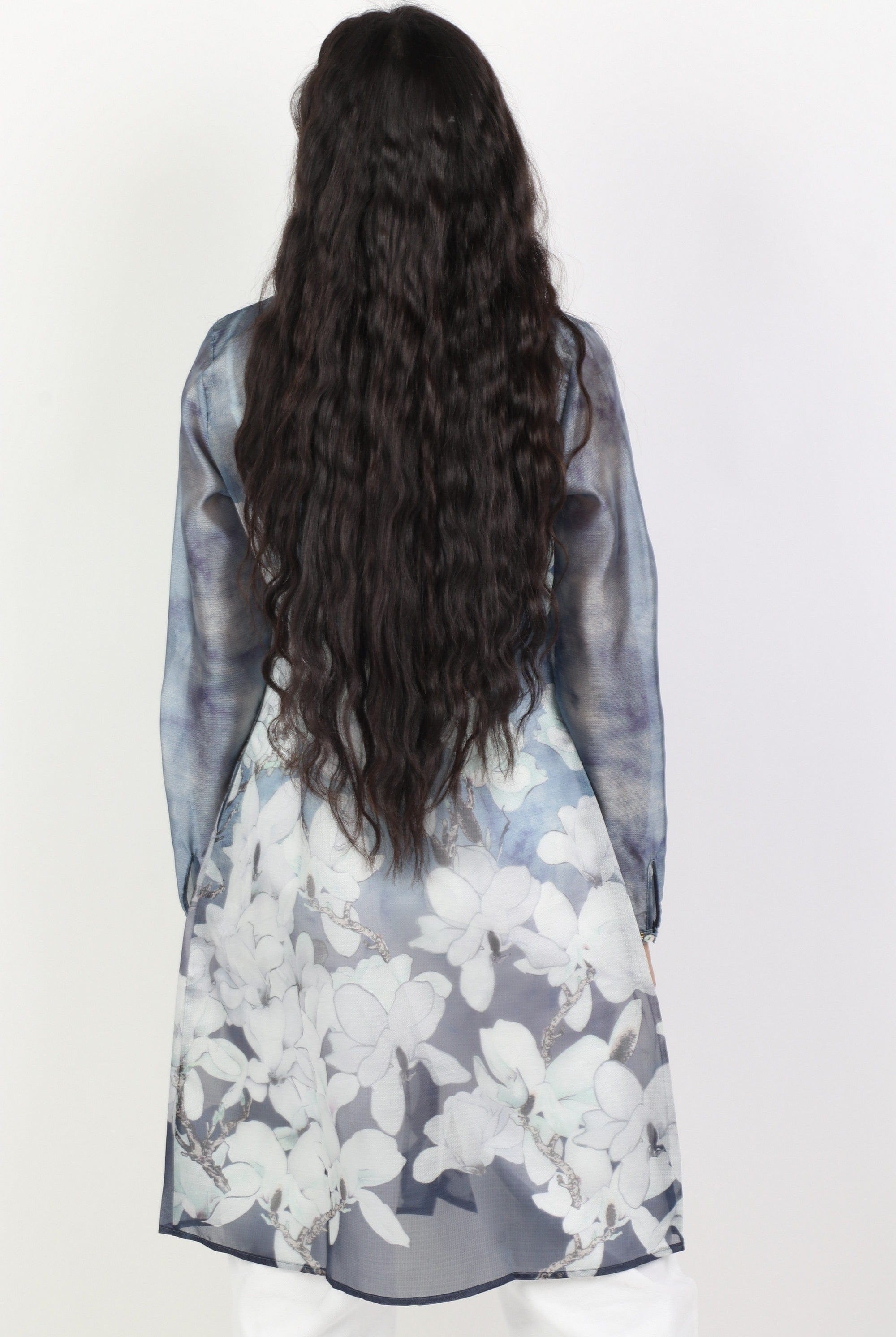 داليدرس فستان قصير ناعم مشجر كم طويل أزرق