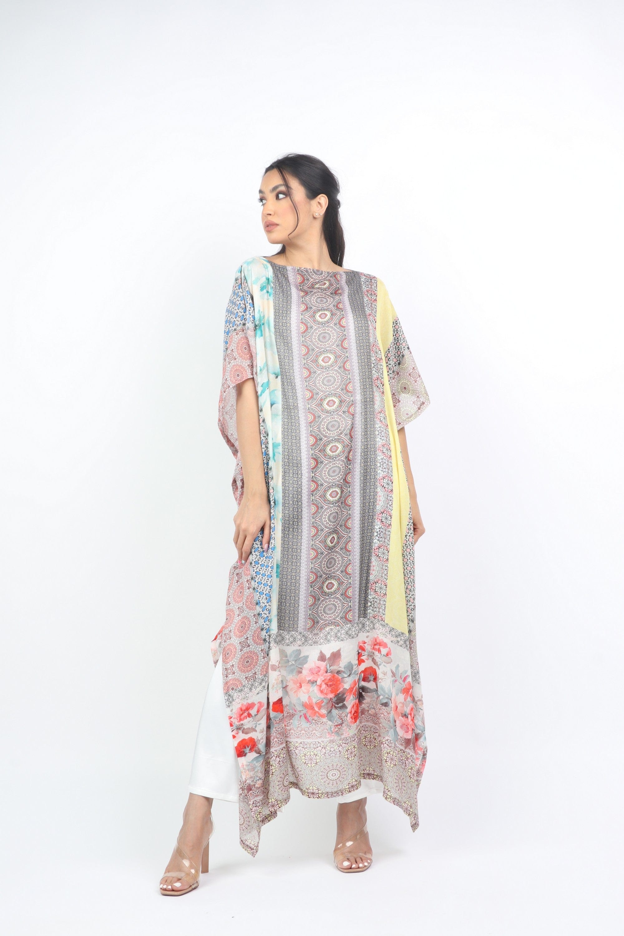 داليدرس فستان عباية طويل منقوش كم قصير واسع متعدد الألوان