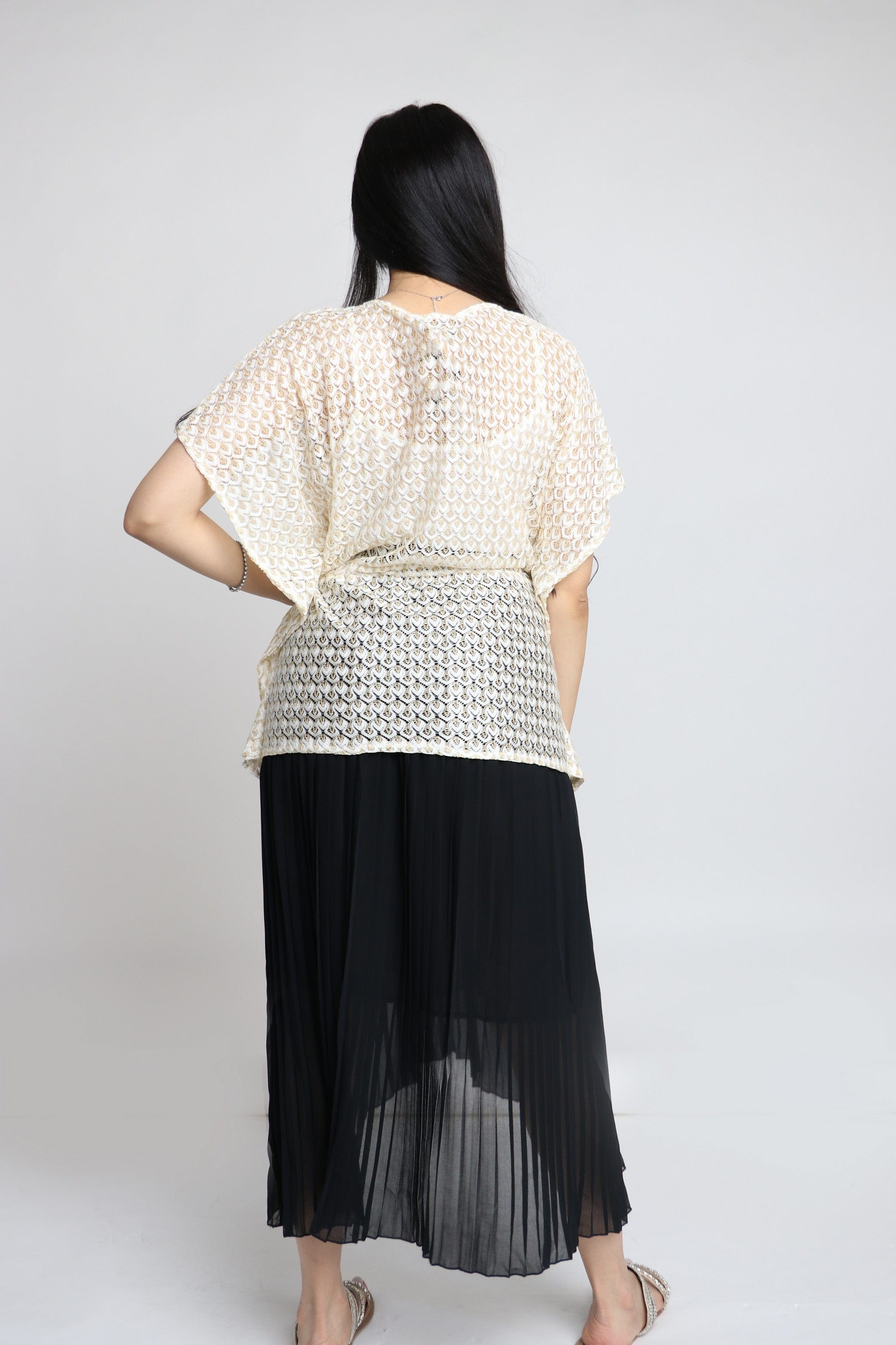 داليدرس قفطان مخصر نص كم مفتوح نسائي أوف وايت/ذهبي