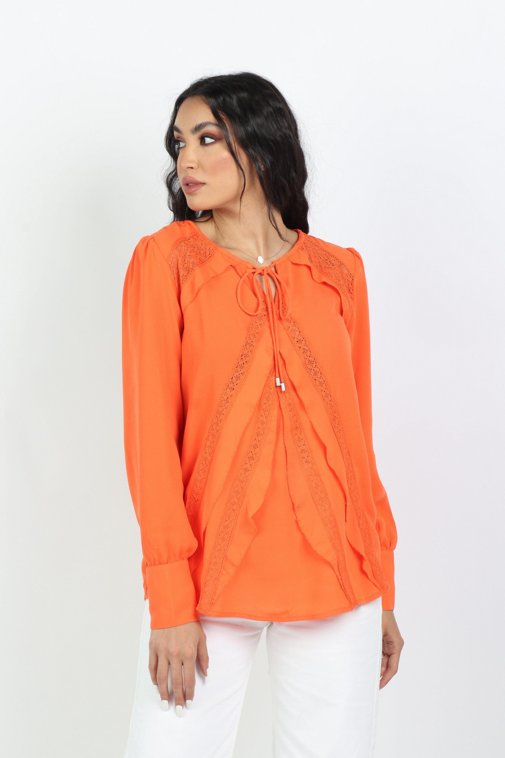 داليدرس بلوزة نسائية مطرزة بأكمام طويلة برتقالي
