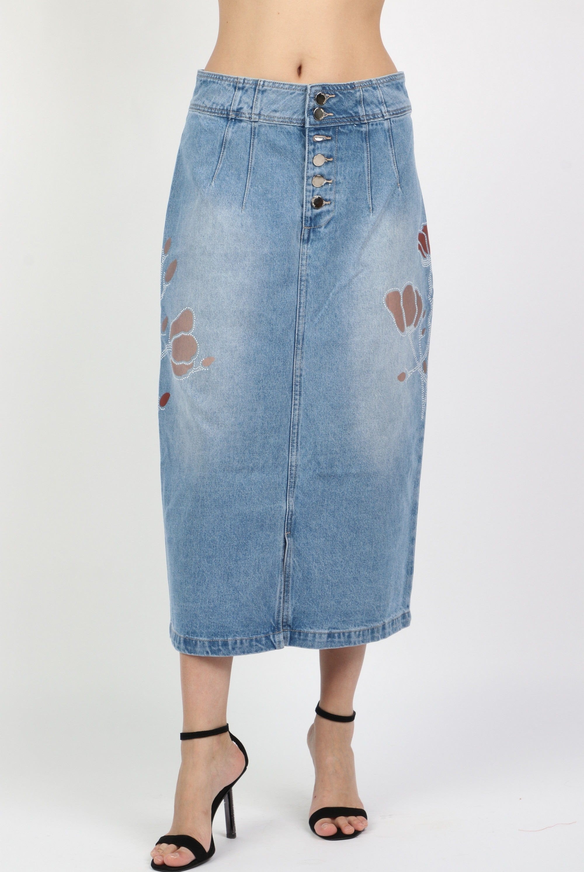 داليدرس تنورة ميدي جينز منقوش بأزرار أمامية نسائية أزرق فاتح