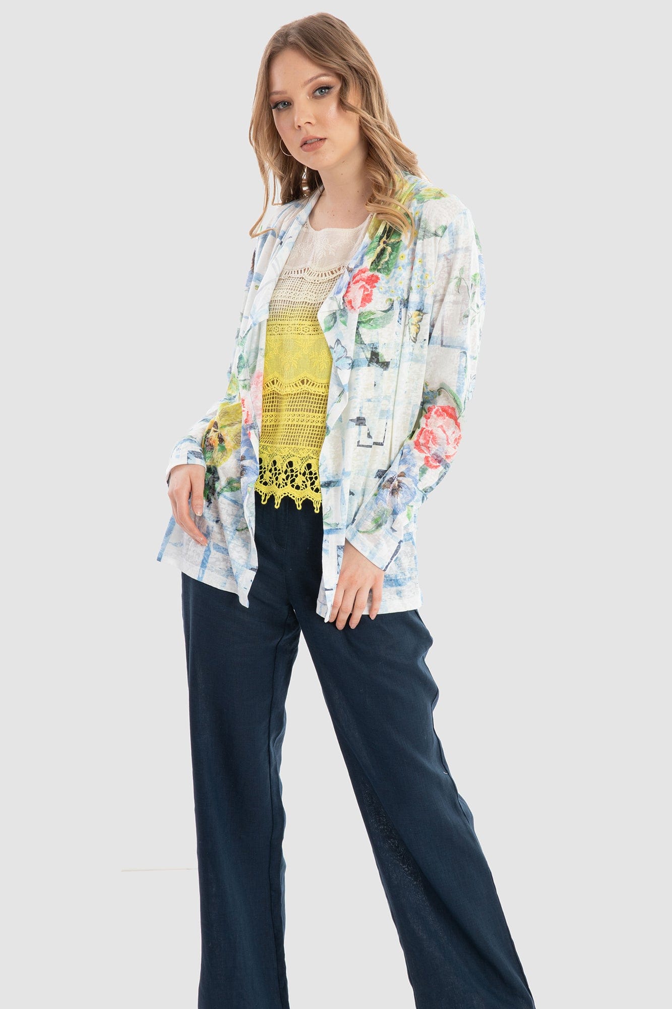 داليدرس كارديجان بنقشة موردة كم طويل نسائي متعدد الألوان