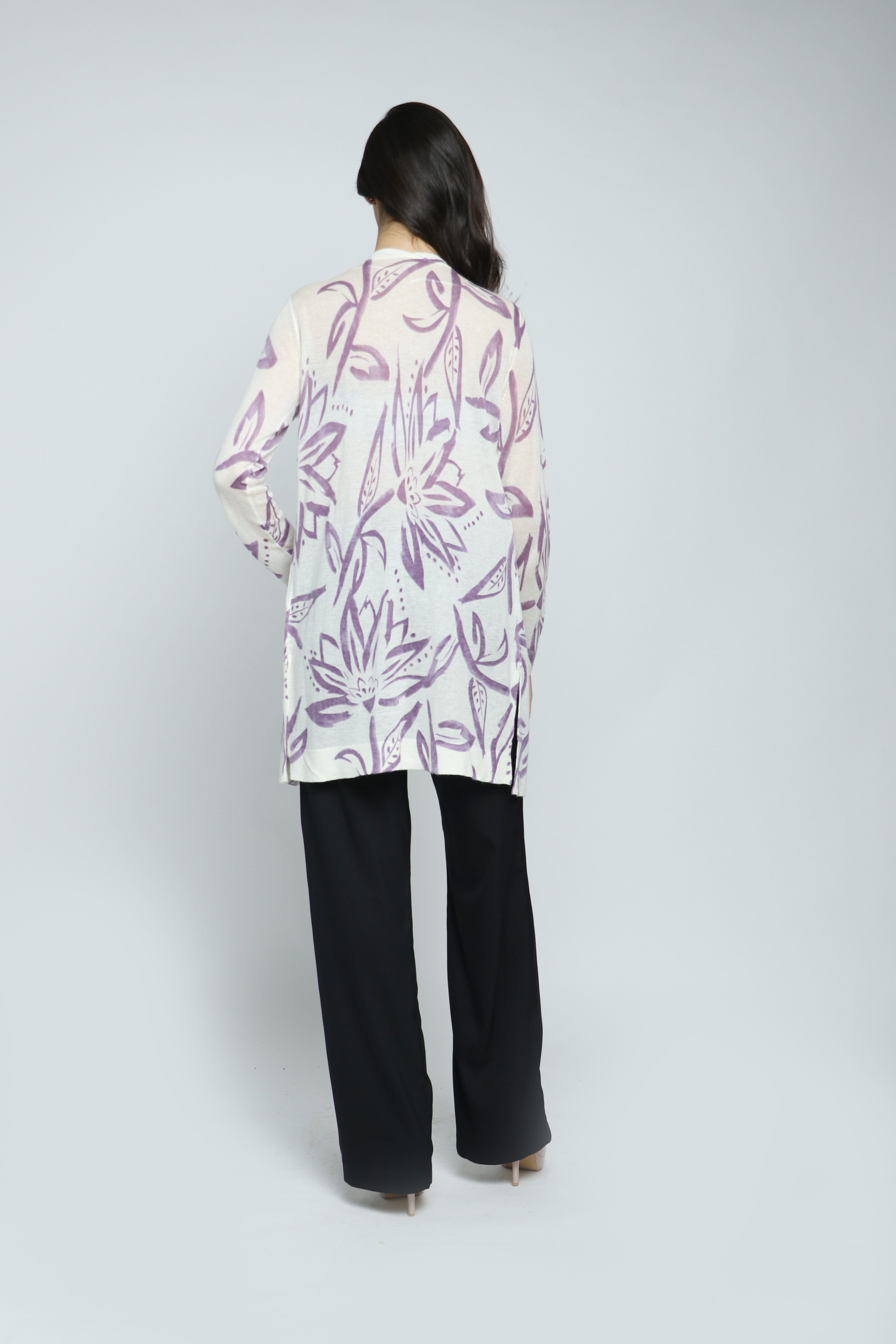 داليدرس كارديجان مشجر طويل كم طويل نسائي أوف وايت/ليلكي