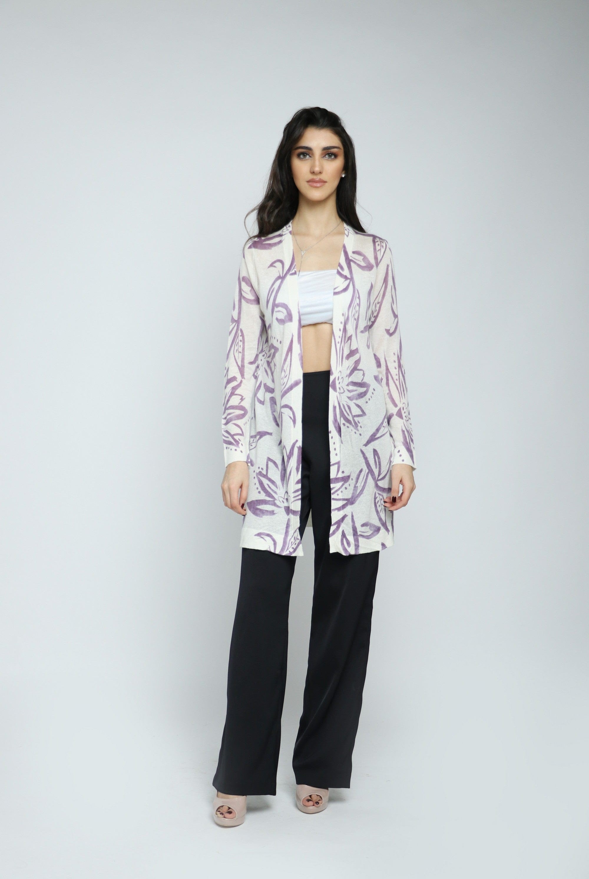 داليدرس كارديجان مشجر طويل كم طويل نسائي أوف وايت/ليلكي