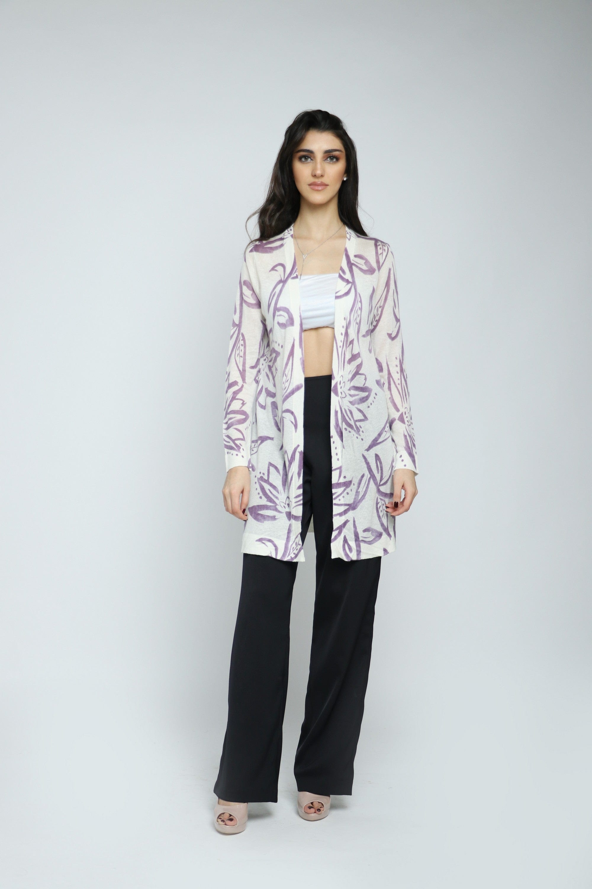 داليدرس كارديجان مشجر طويل كم طويل نسائي أوف وايت/ليلكي