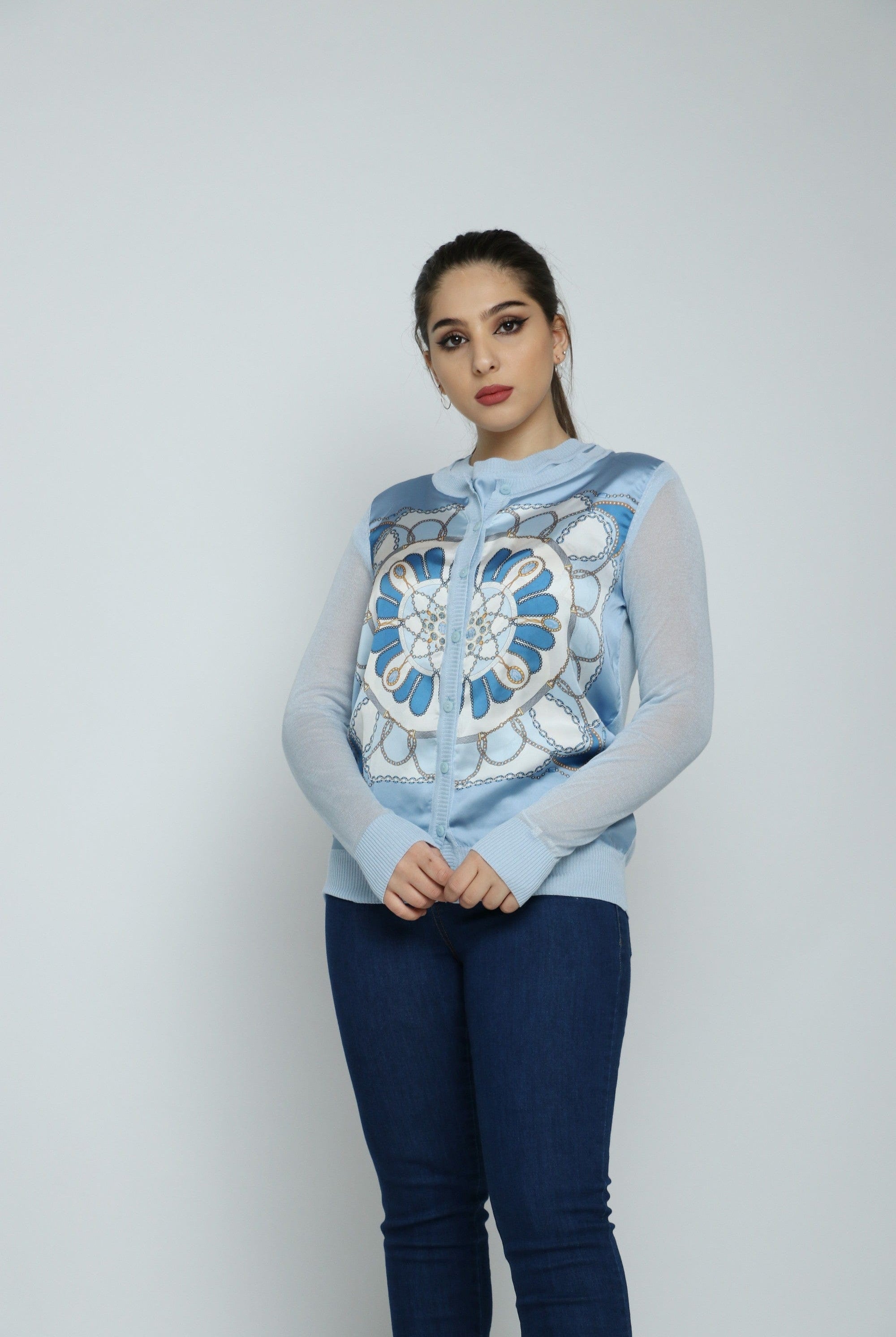 داليدرس كارديجان قصير منقوش بسحاب كم طويل نسائي أزرق فاتح