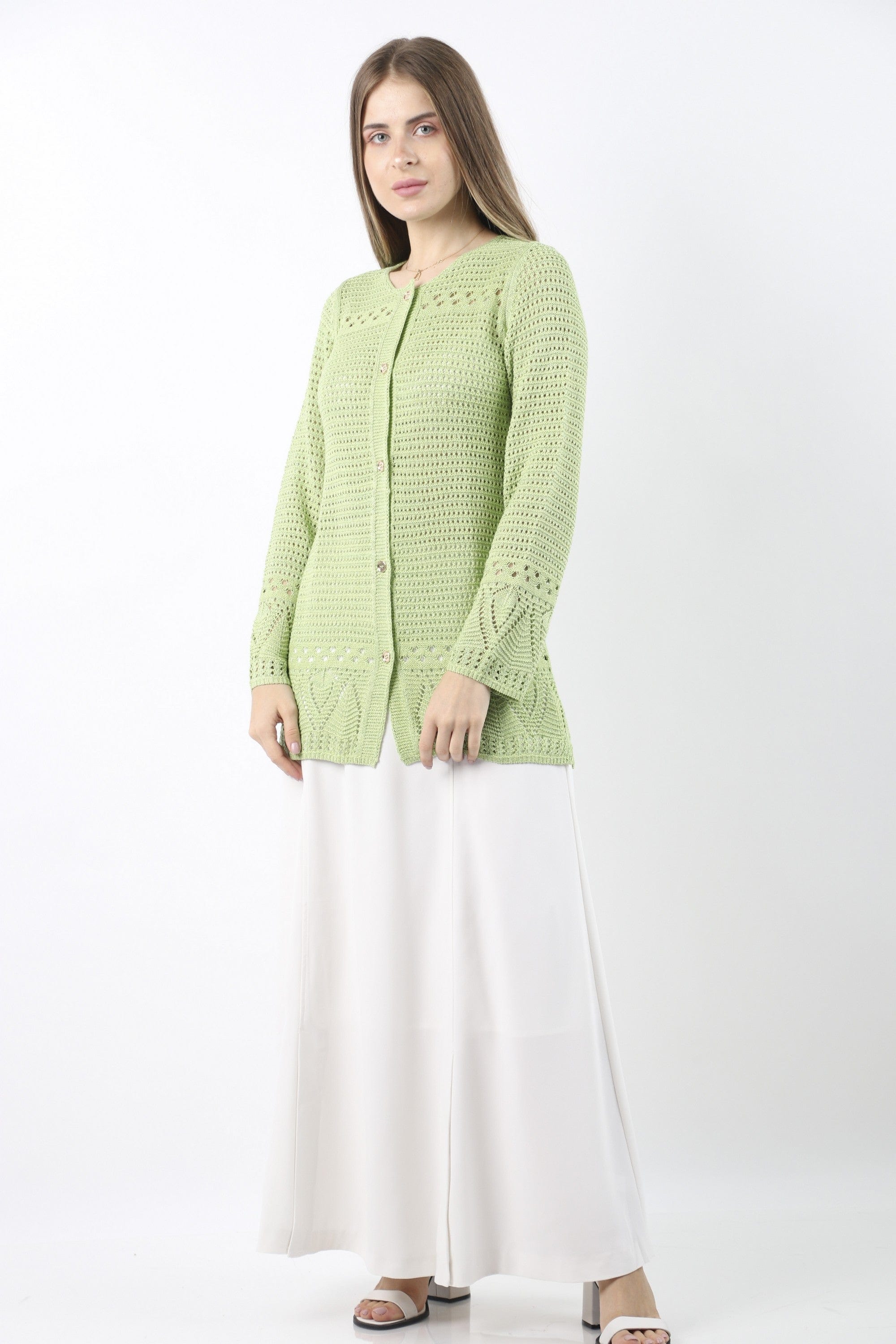 داليدرس كارديجان واسع مخرم بأزرار أمامية كم طويل نسائي