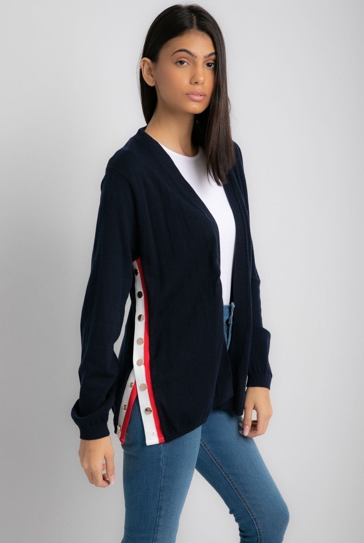 داليدرس كارديجان طويل سادة بخط لون مختلف نسائي أزرق داكن