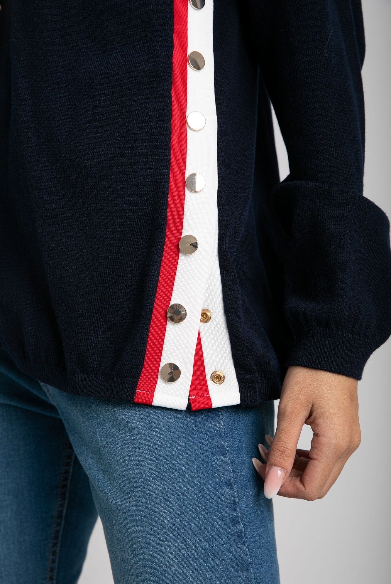 داليدرس كارديجان طويل سادة بخط لون مختلف نسائي أزرق داكن