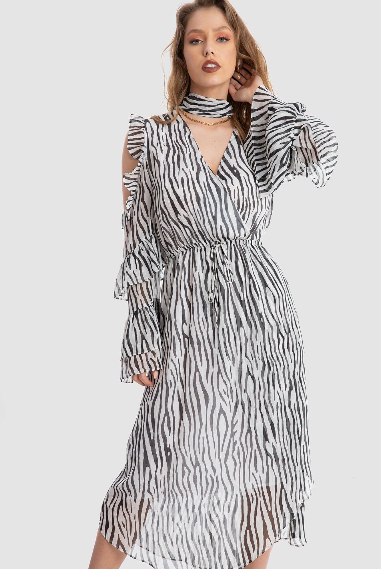 داليدرس فستان طويل دانتيل بنمط ورود كم طويل ميدي نسائي طباعة حمار وحشي