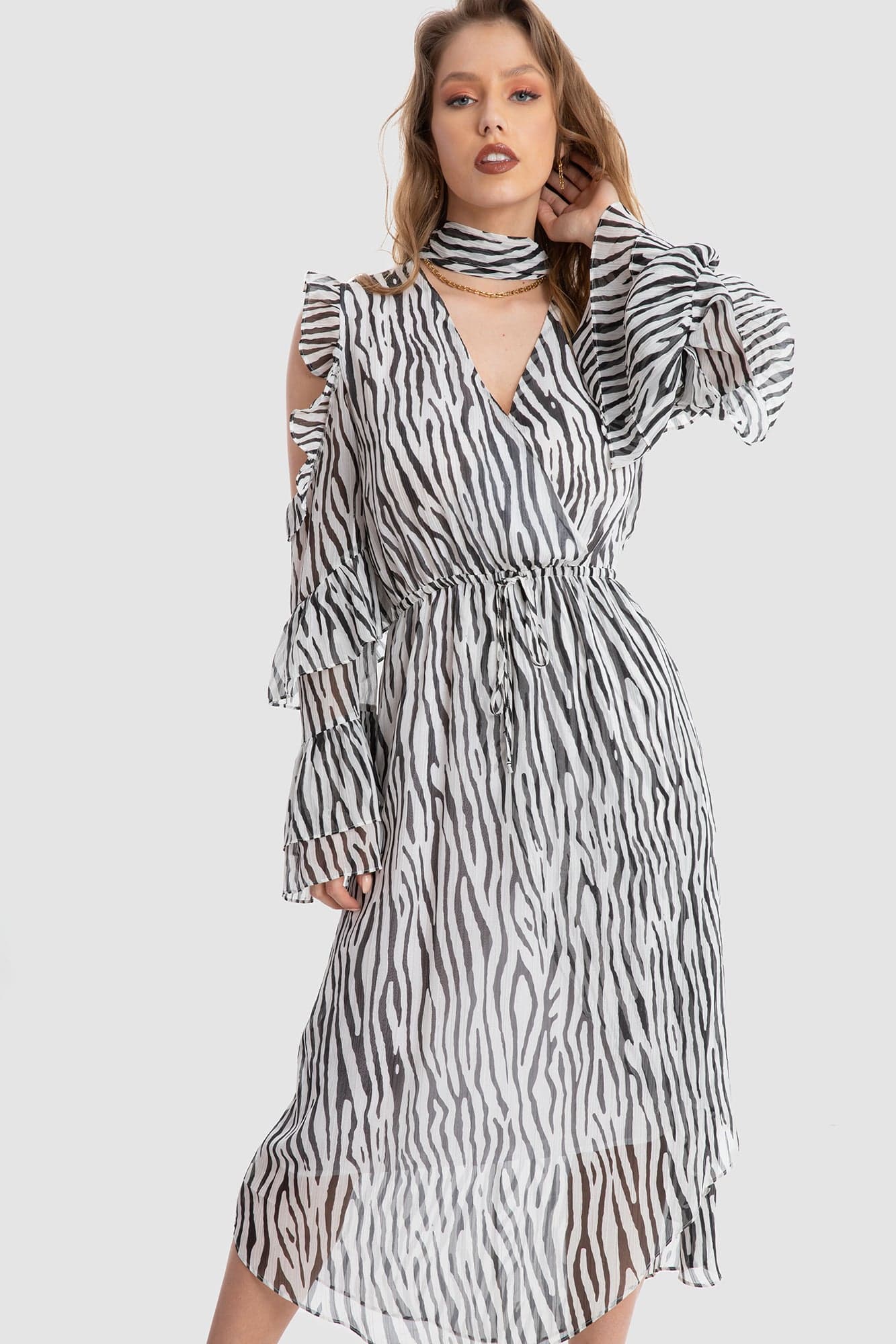 داليدرس فستان طويل دانتيل بنمط ورود كم طويل ميدي نسائي طباعة حمار وحشي