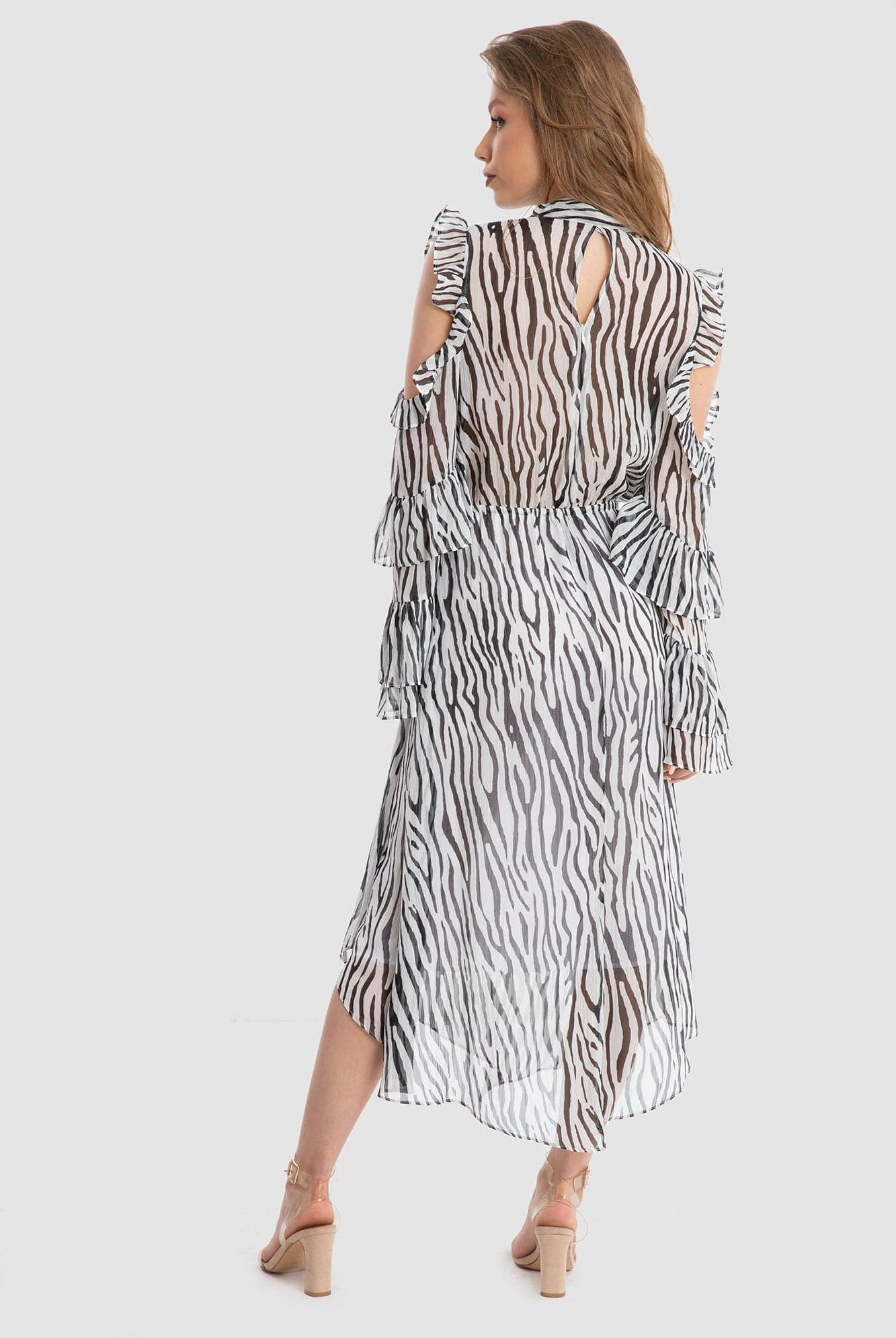 داليدرس فستان طويل دانتيل بنمط ورود كم طويل ميدي نسائي طباعة حمار وحشي