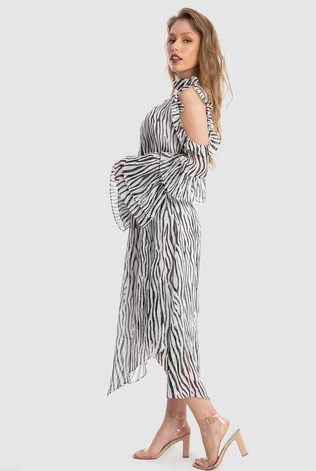 داليدرس فستان طويل دانتيل بنمط ورود كم طويل ميدي نسائي طباعة حمار وحشي