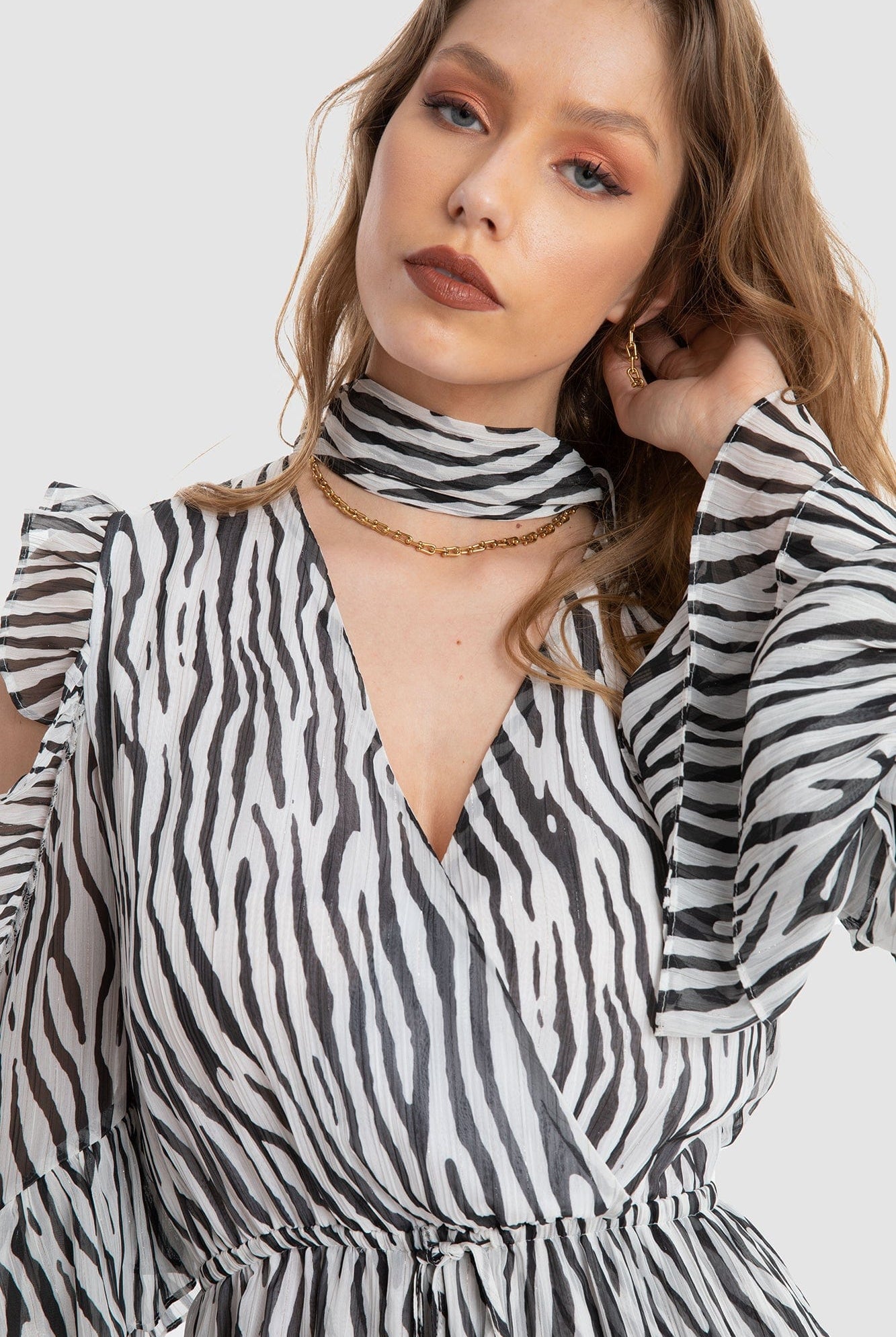 داليدرس فستان طويل دانتيل بنمط ورود كم طويل ميدي نسائي طباعة حمار وحشي