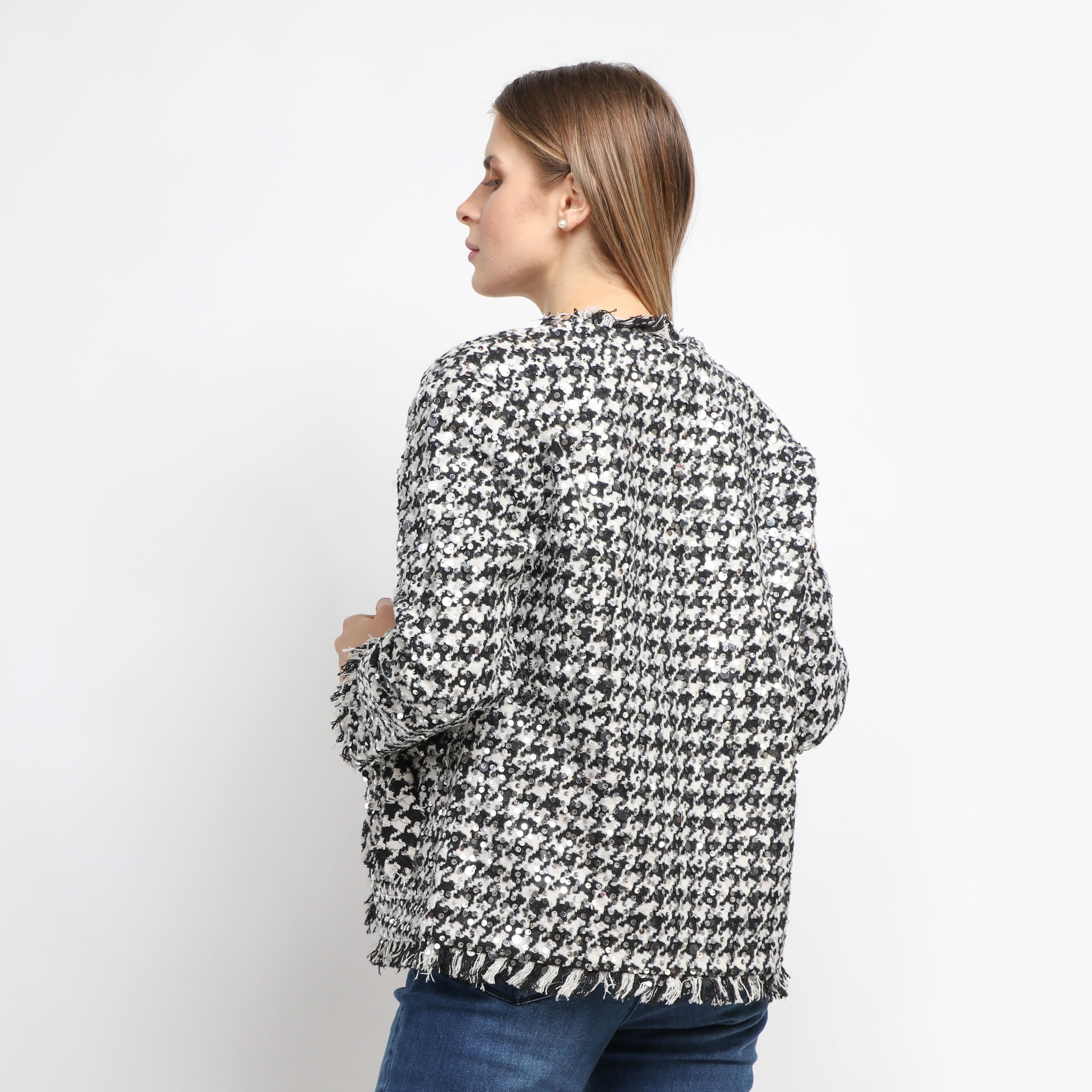 داليدرس جاكيت منقوش واسع كم طويل مفتوح نسائي أسود/أبيض