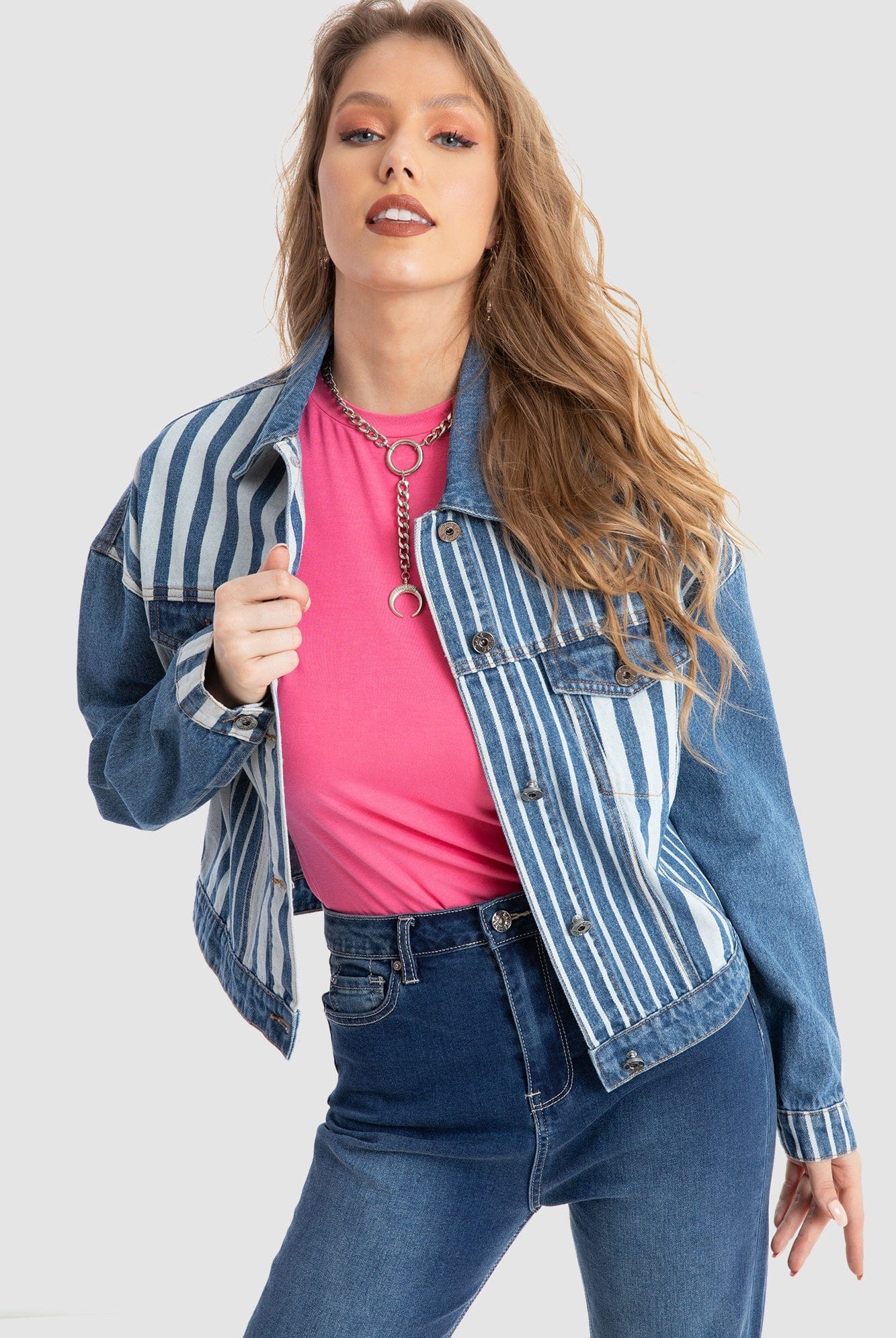 داليدرس جاكيت جينز مخطط بالطول بجيوب كم طويل نسائي أزرق