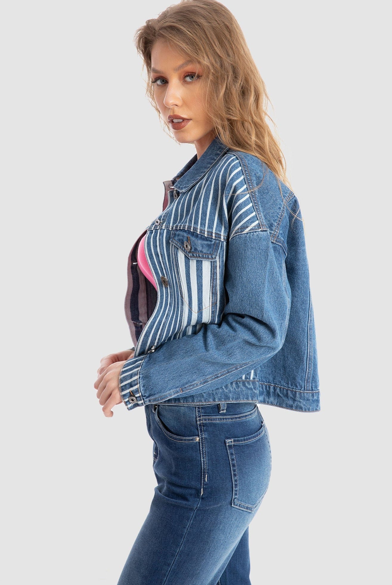 داليدرس جاكيت جينز مخطط بالطول بجيوب كم طويل نسائي أزرق