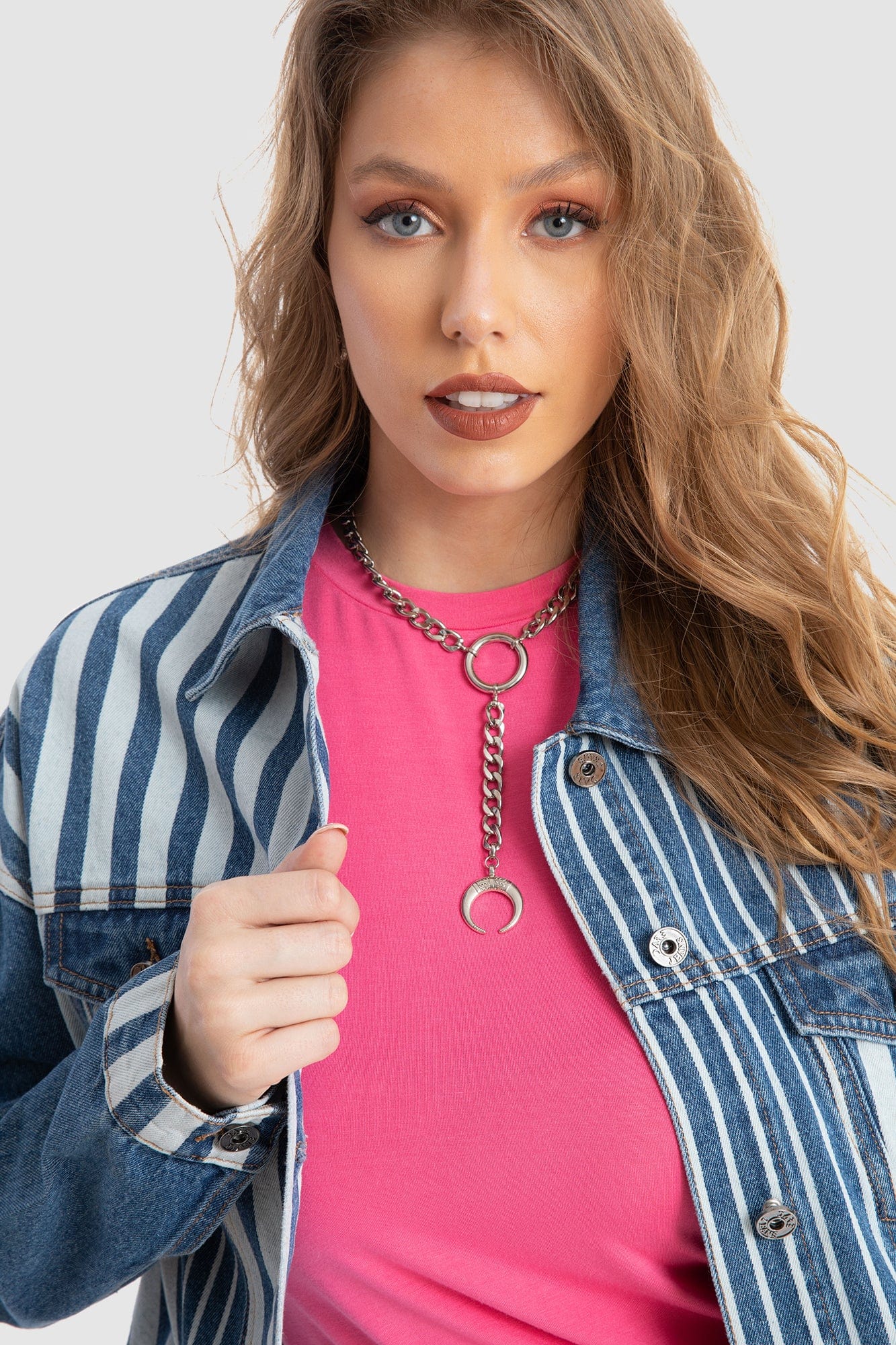 داليدرس جاكيت جينز مخطط بالطول بجيوب كم طويل نسائي أزرق