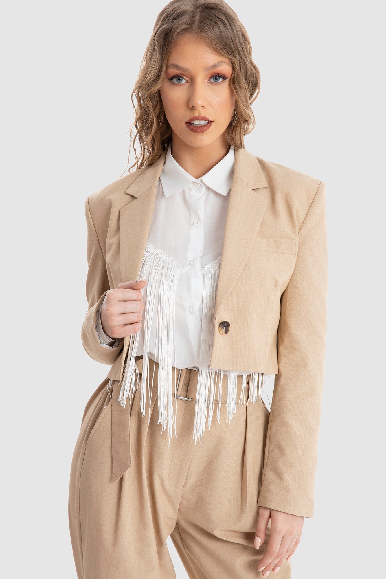 داليدرس جاكيت رسمي خصر مرتفع سادة كم طويل نسائي بيج