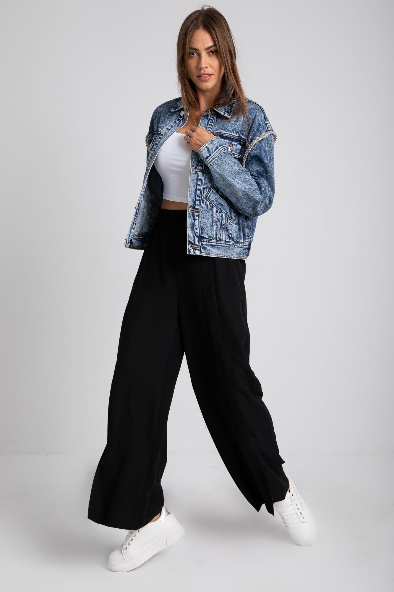 داليدرس جاكيت قصير أوفر سايز جينز كم طويل نسائي أزرق