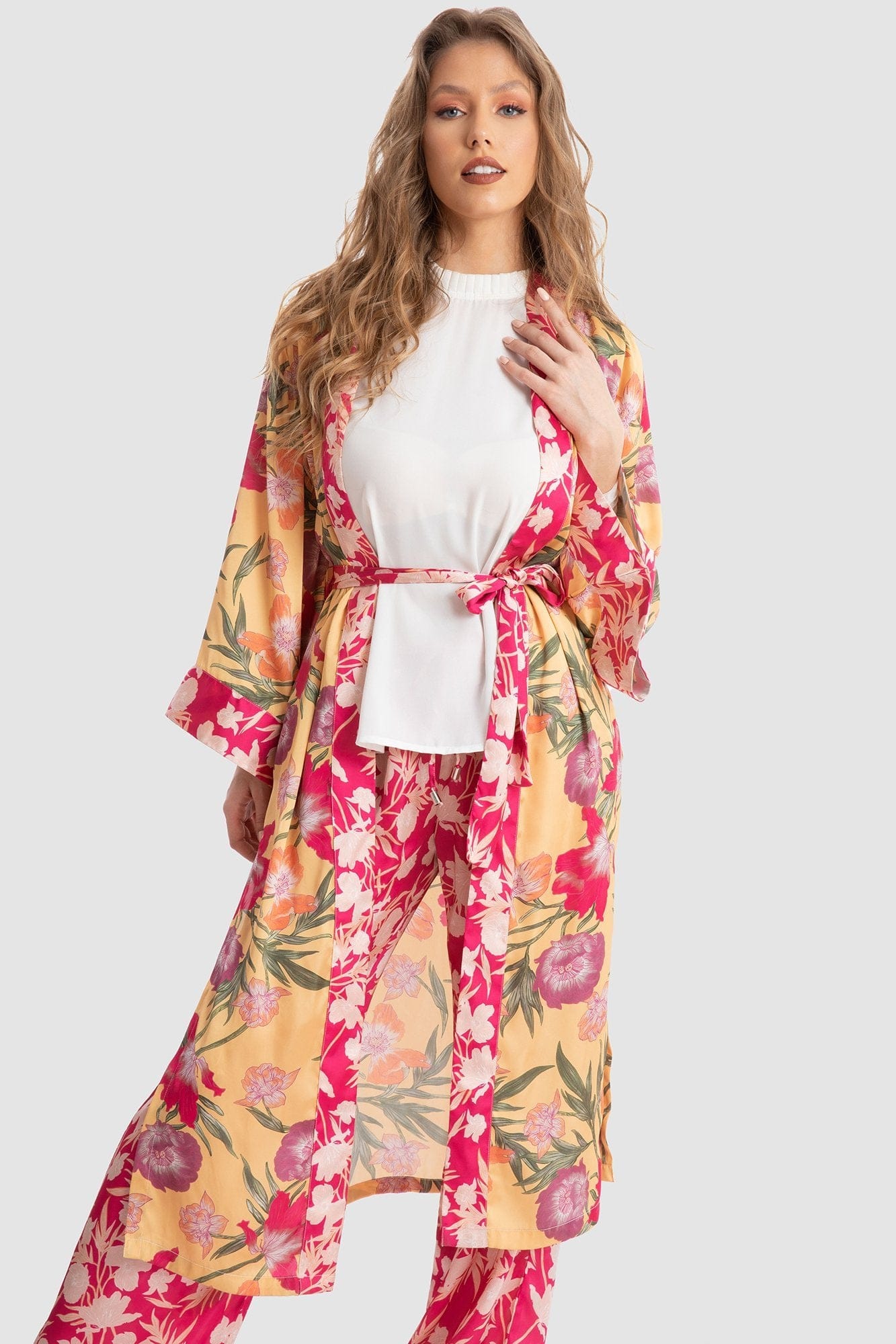 داليدرس كيمونو منقوشة برباط على الخصر كم طويل نسائي طباعة الزهرة الصفراء