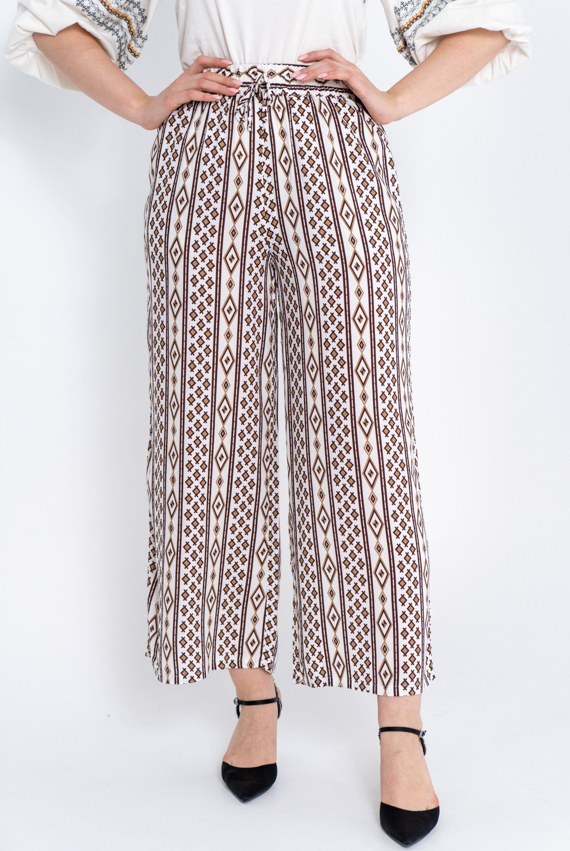 داليدرس بنطلون نسائي فضفاض هاي ويست منقوش بيج فاتح